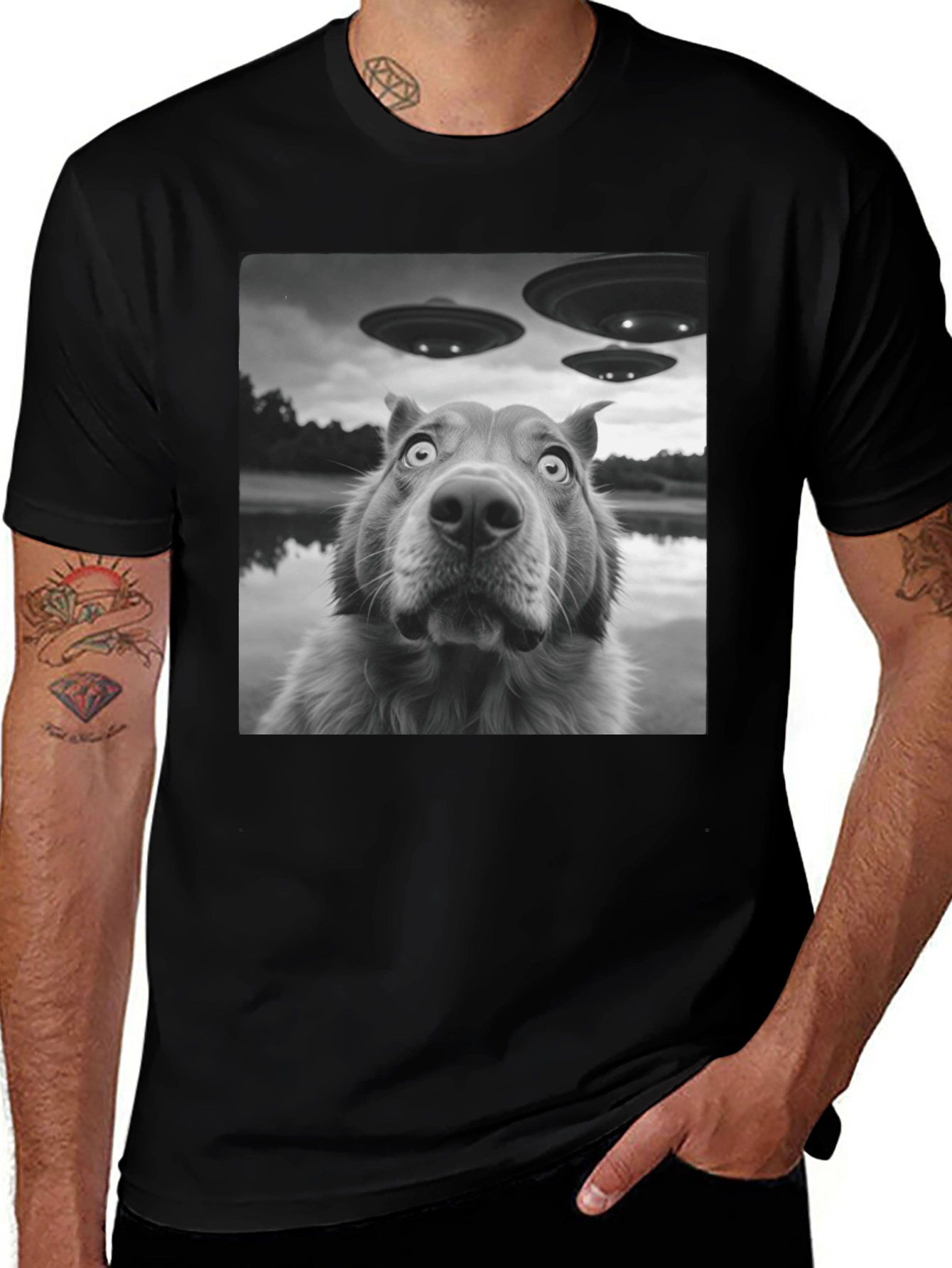 Variant 16 of UFO Dog Black T-Shirt - Alien Invasion Design