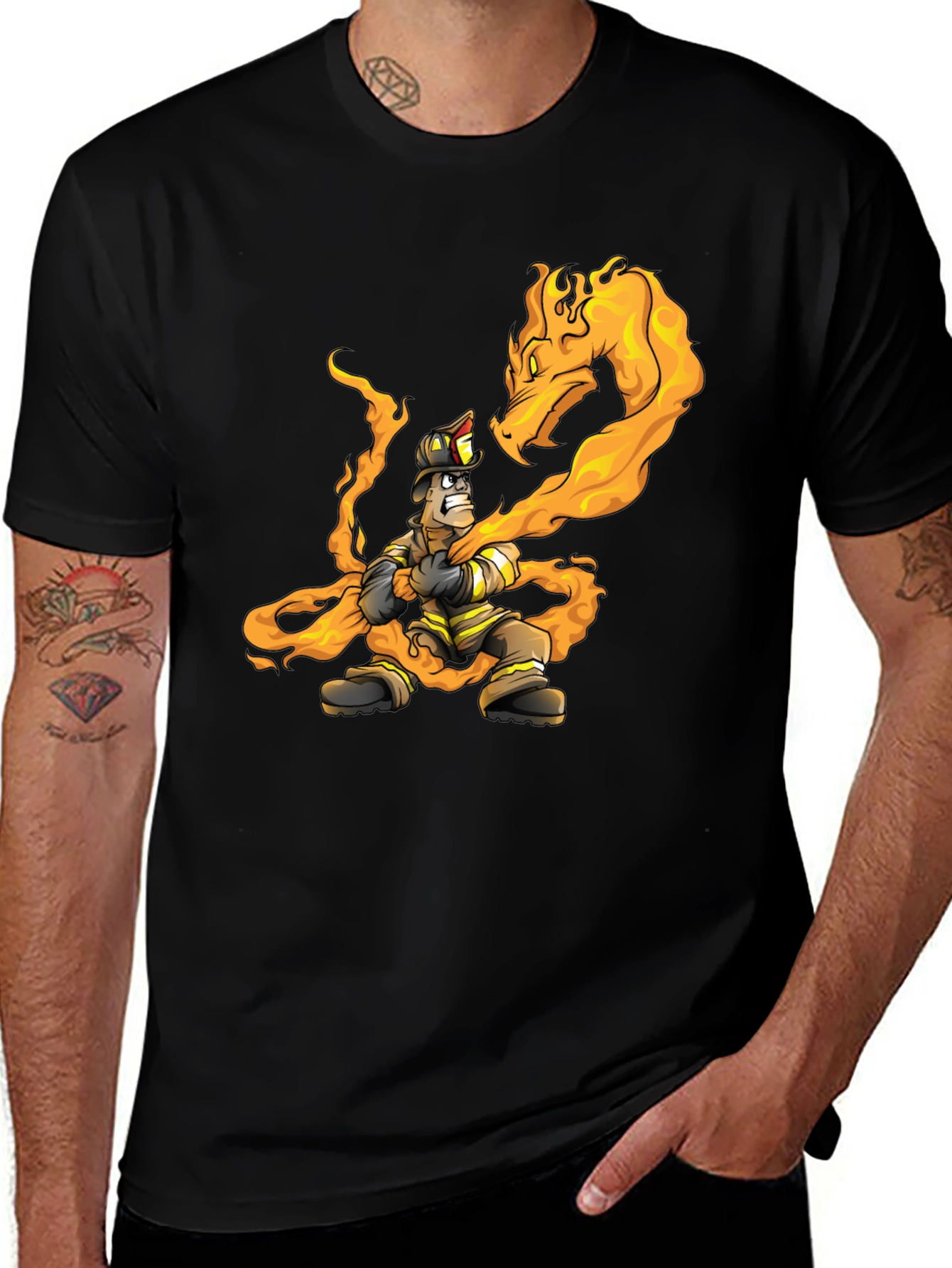 Variant 10 of Firefighter vs Dragon Graphic T-Shirt - Cool Design