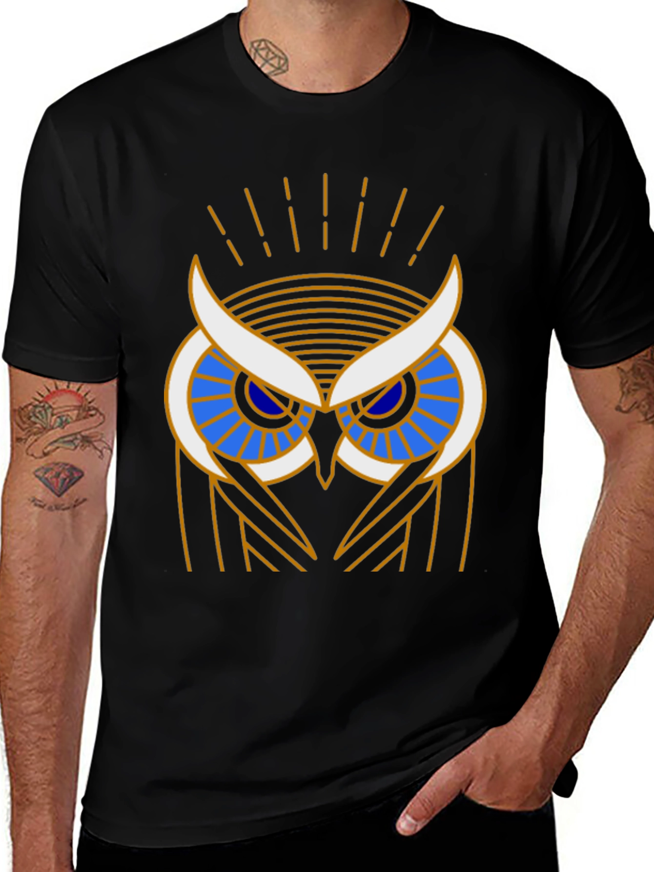 Variant 6 of Art Deco Owl Graphic Print Black T-Shirt