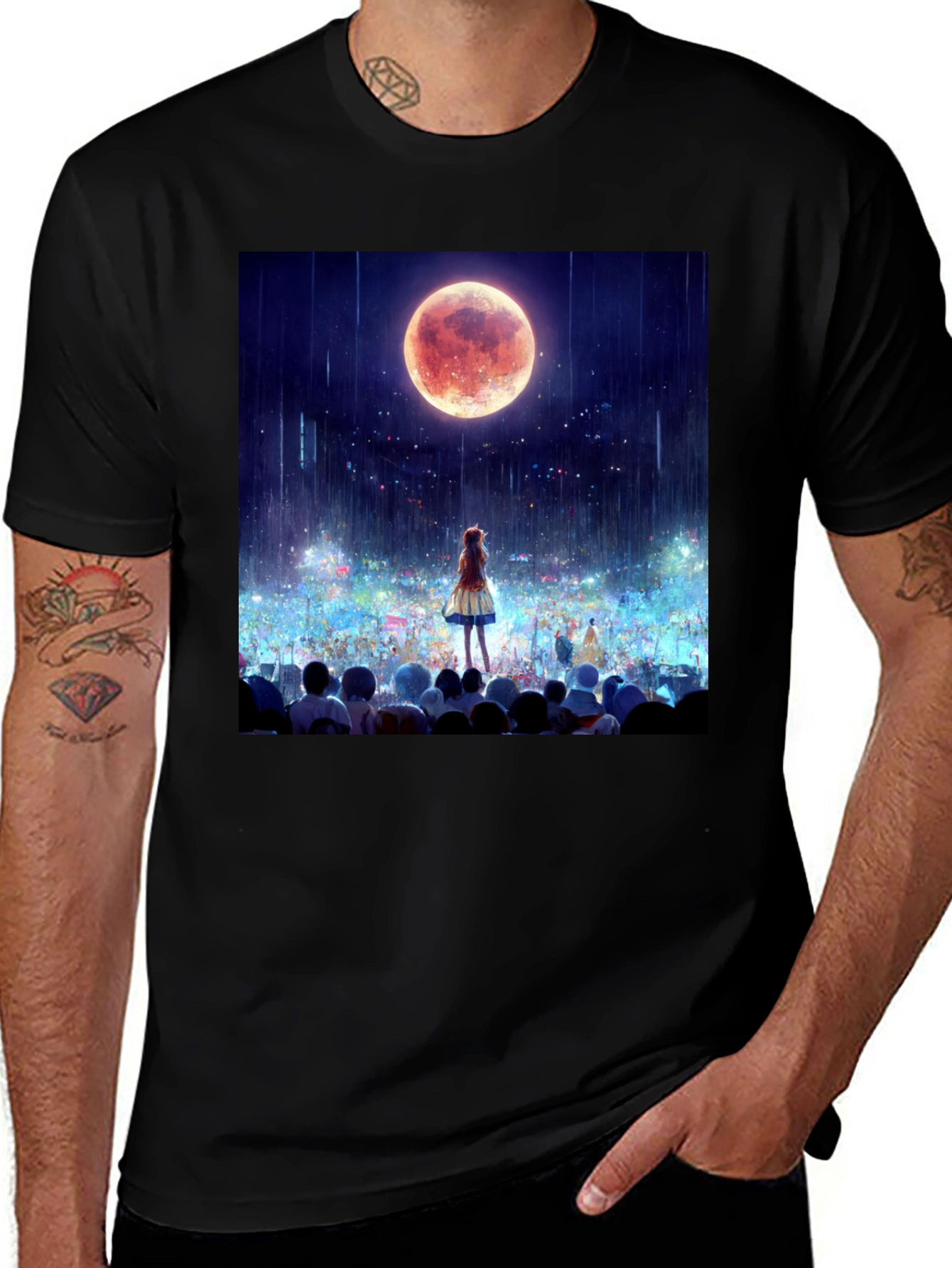 Variant 9 of Anime Moon Crowd Graphic Tee - Black