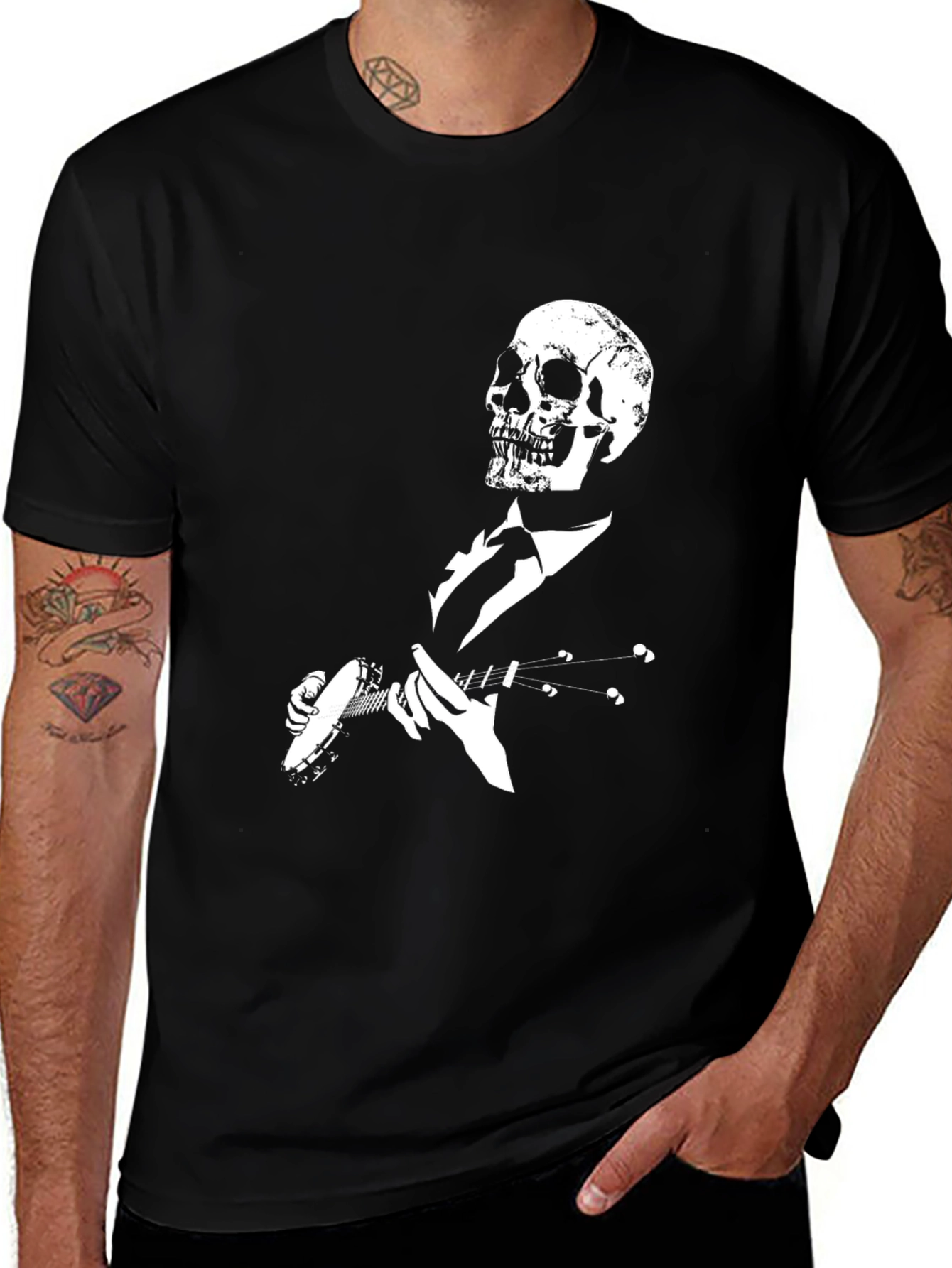 Variant 28 of Skull Banjo Player Black Graphic T-Shirt