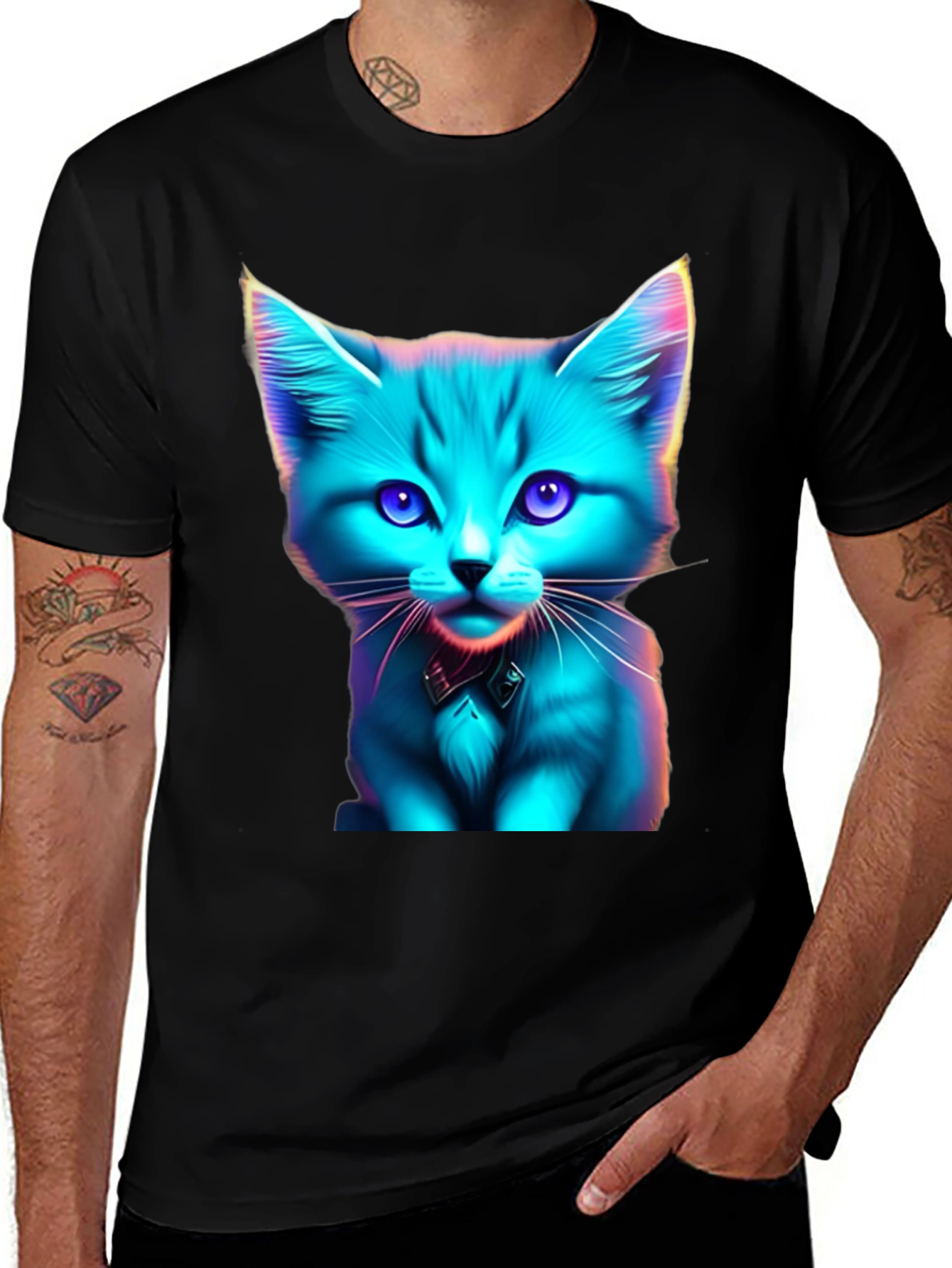 Neon Cat Graphic Tee - Stylish Black T-Shirt