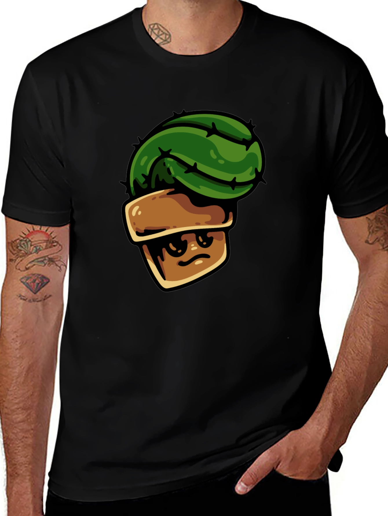 Variant 13 of Cartoon Cactus Tee - Black Graphic T-Shirt