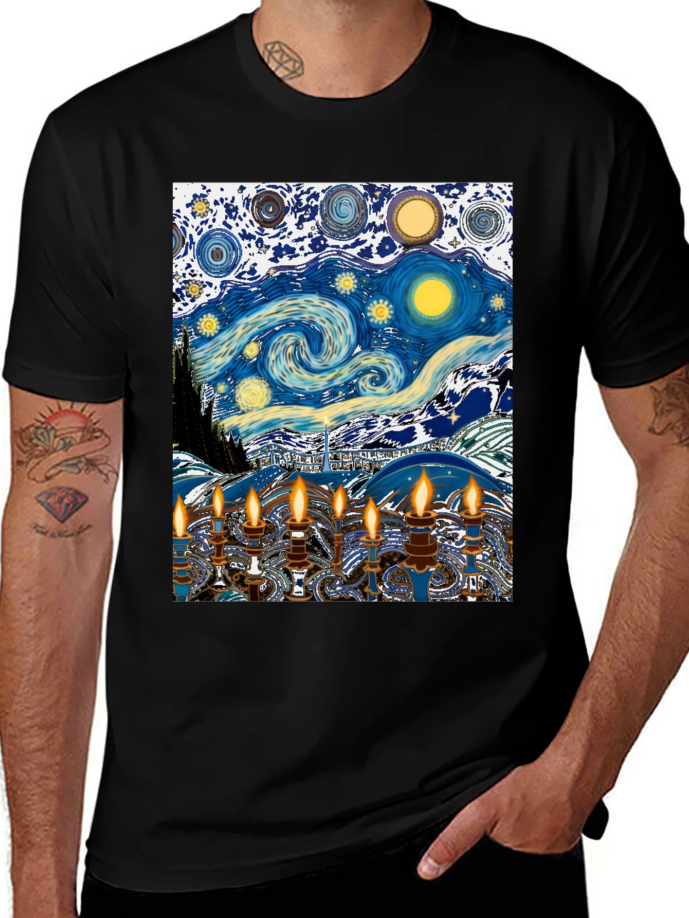 Variant 30 of Starry Night Hanukkah Menorah T-Shirt