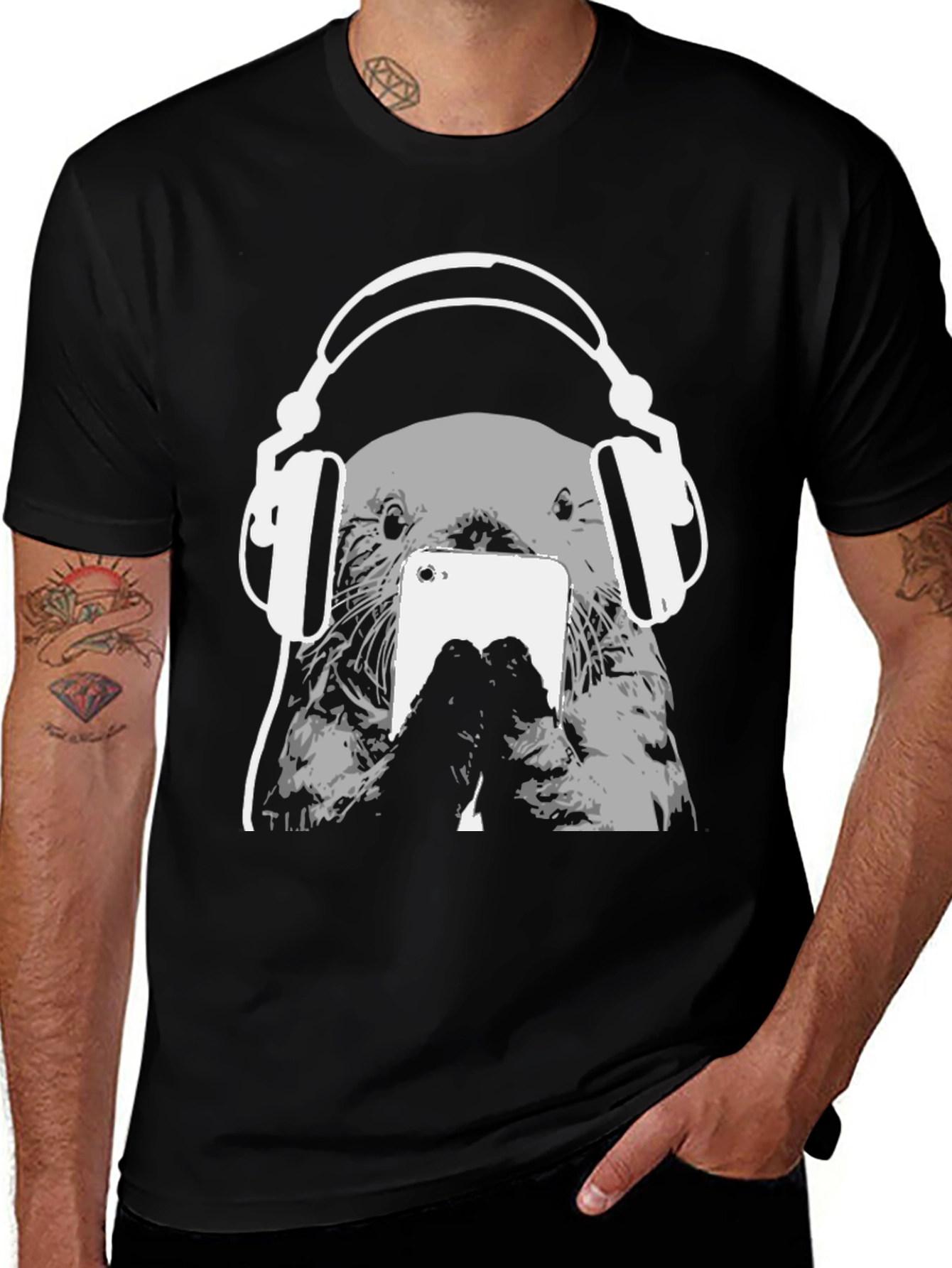 Variant 16 of Otter with Headphones Black T-Shirt
