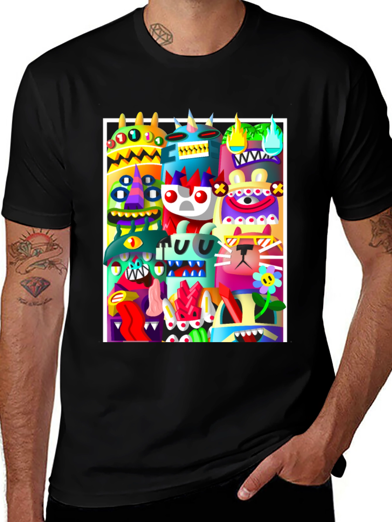Variant 21 of Colorful Cartoon Monster Graphic Print Black T-Shirt