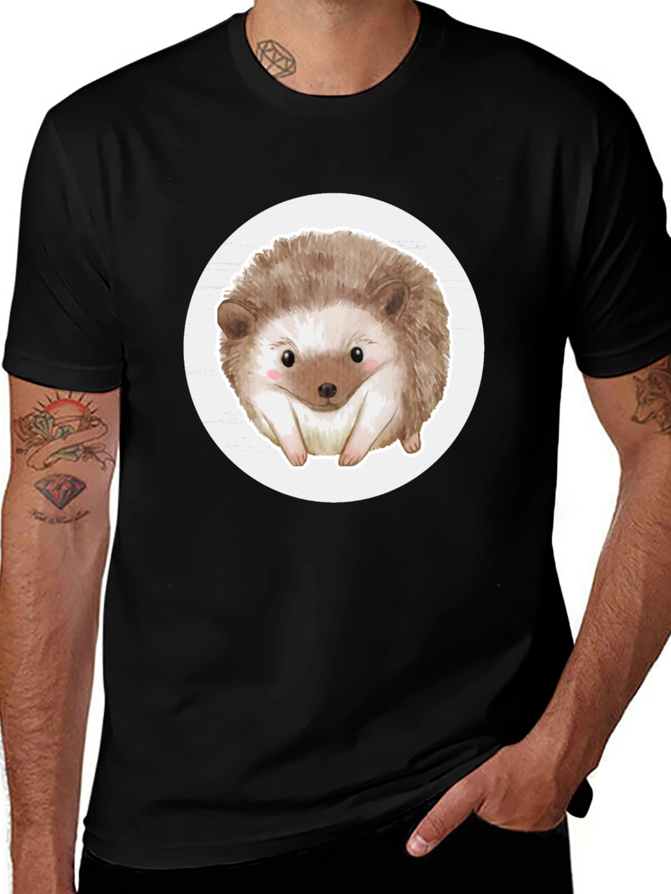 Variant 7 of Cute Hedgehog Graphic Tee - Black Cotton Comfort