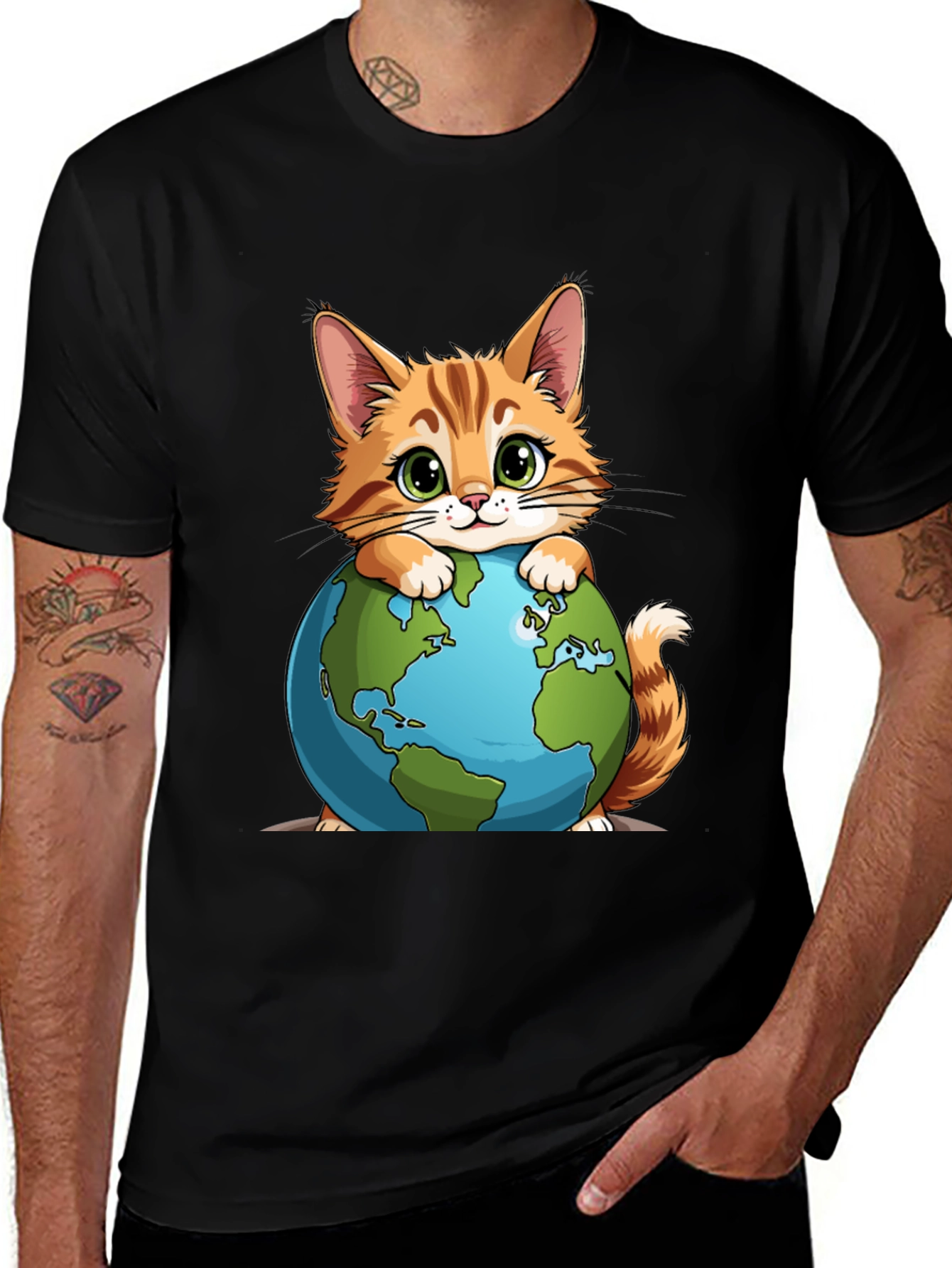 Cute Cat Hugging Earth Globe Graphic T-Shirt
