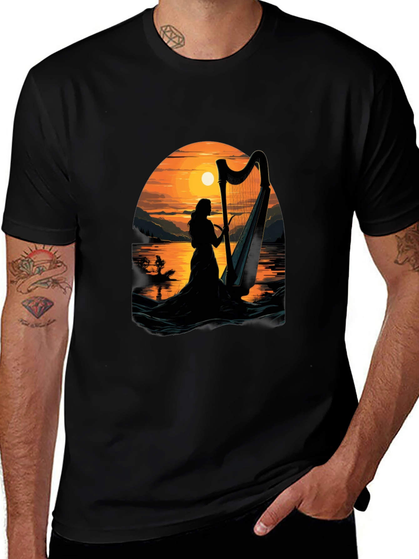 Variant 30 of Harp Sunset T-Shirt - Musical Silhouette Tee
