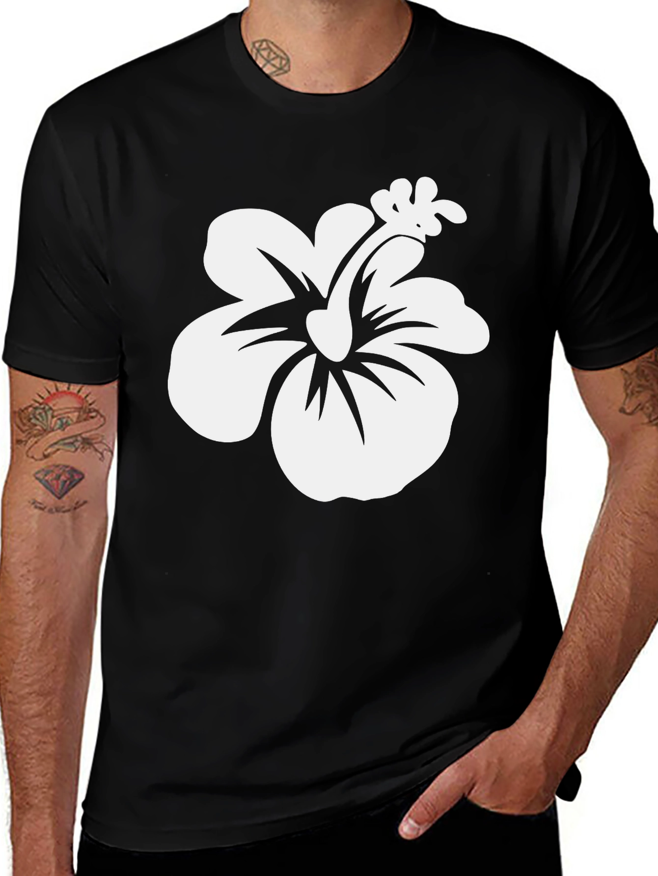 Variant 4 of Black T-Shirt with White Hibiscus Flower Print
