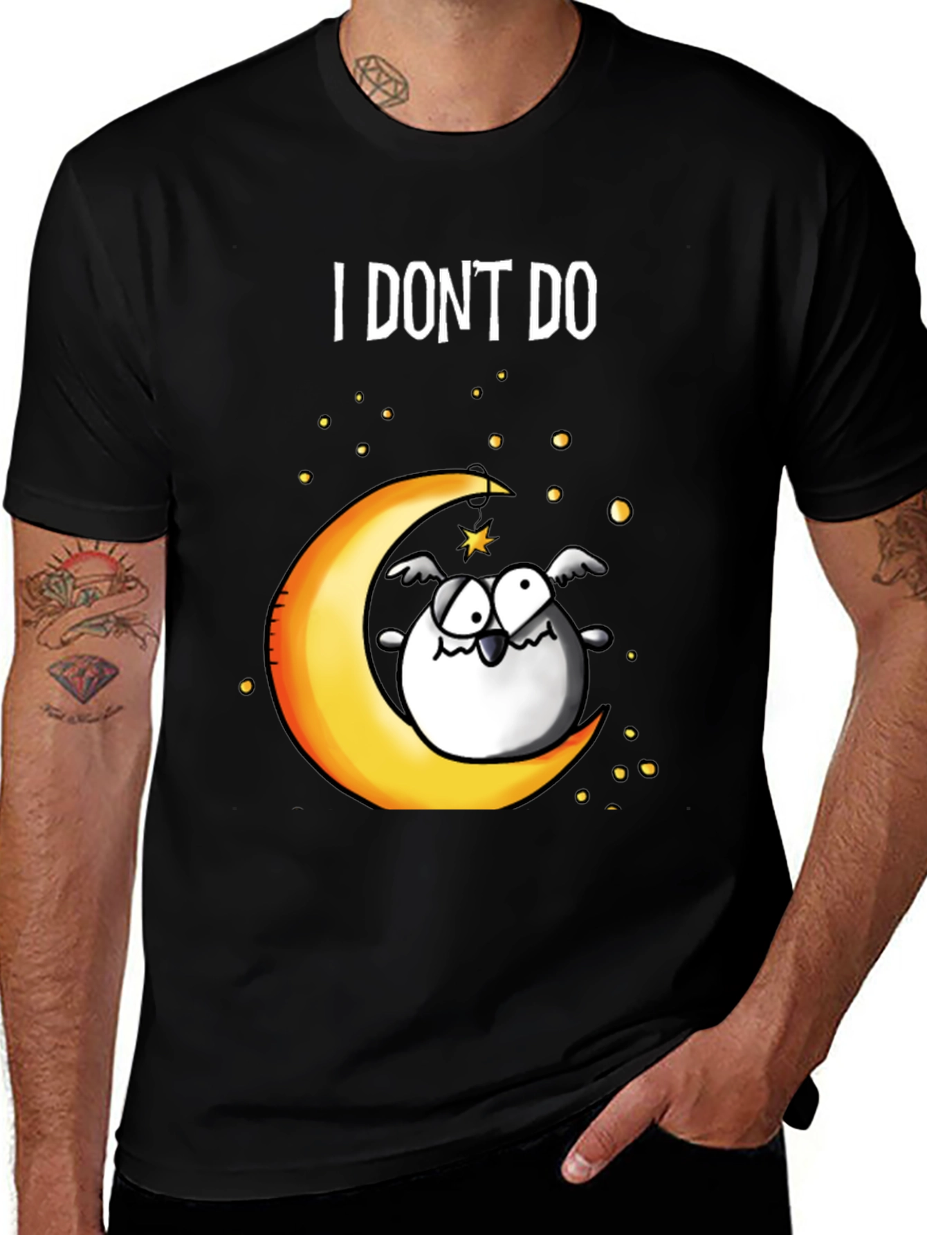 Black Funny I DON'T DO Mornings Owl on Moon T-Shirt main image