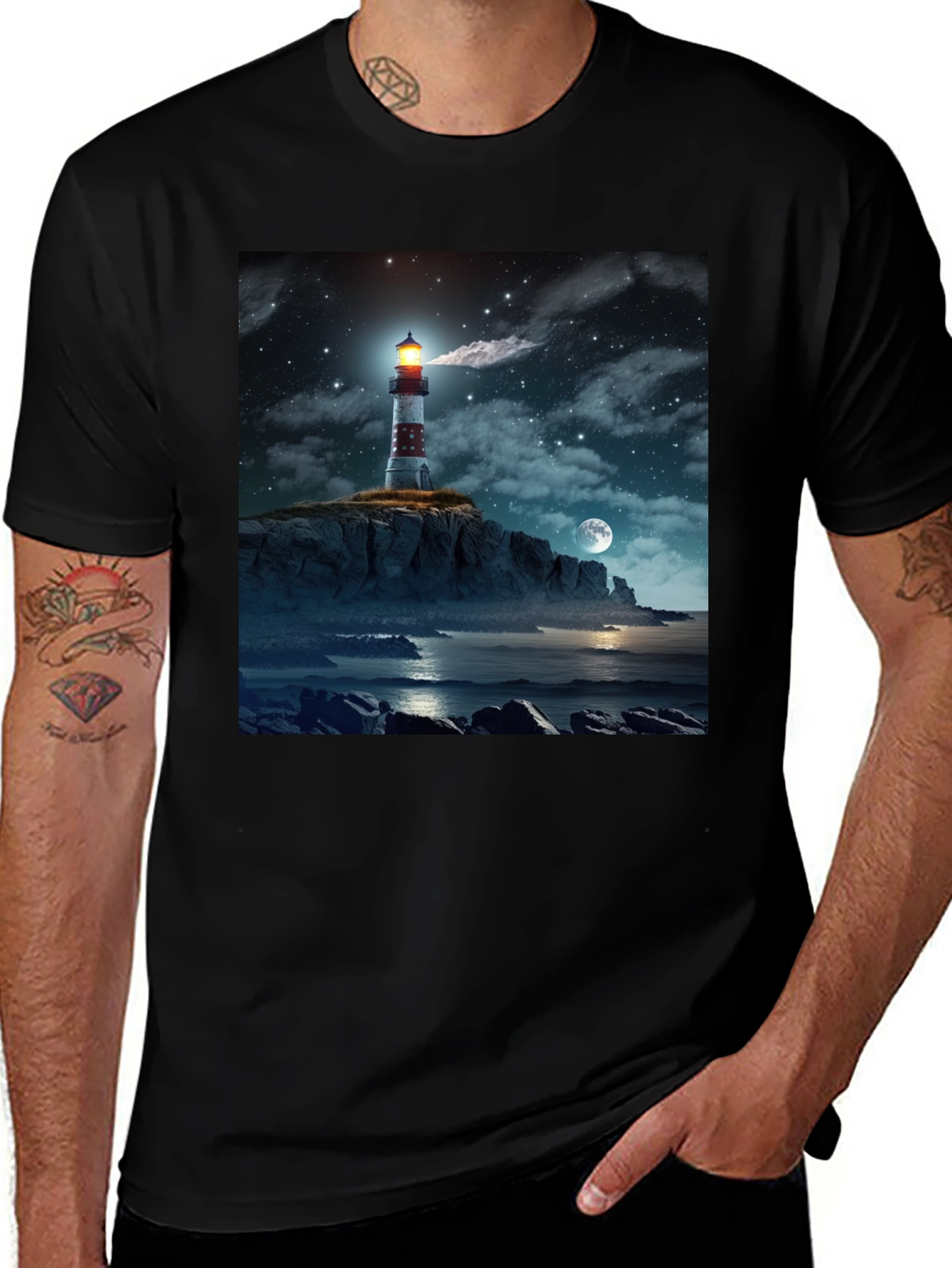 Variant 22 of Lighthouse at Night Graphic Tee - Stylish Comfort