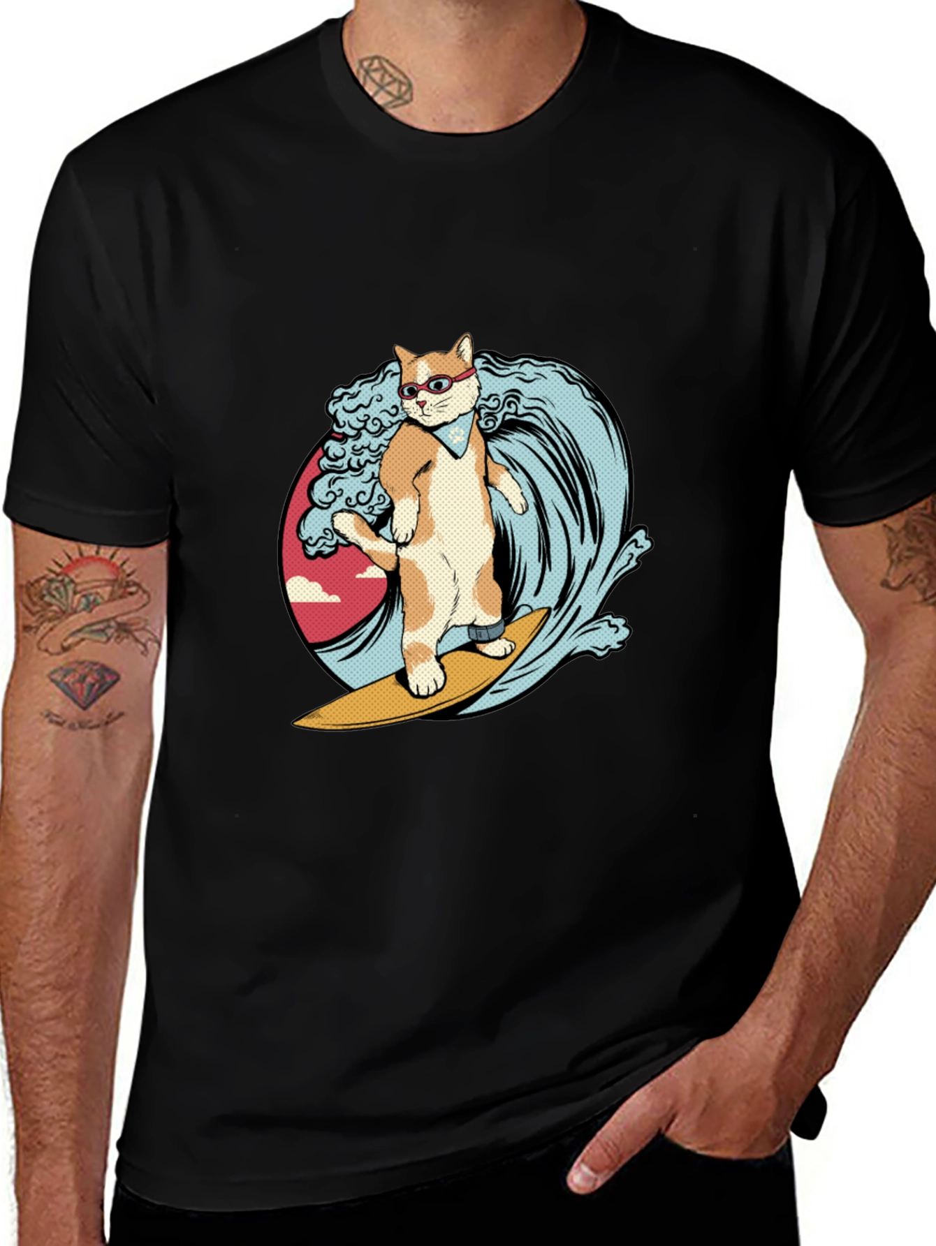 Variant 16 of Cool Cat Surfer Graphic Tee - Black T-Shirt