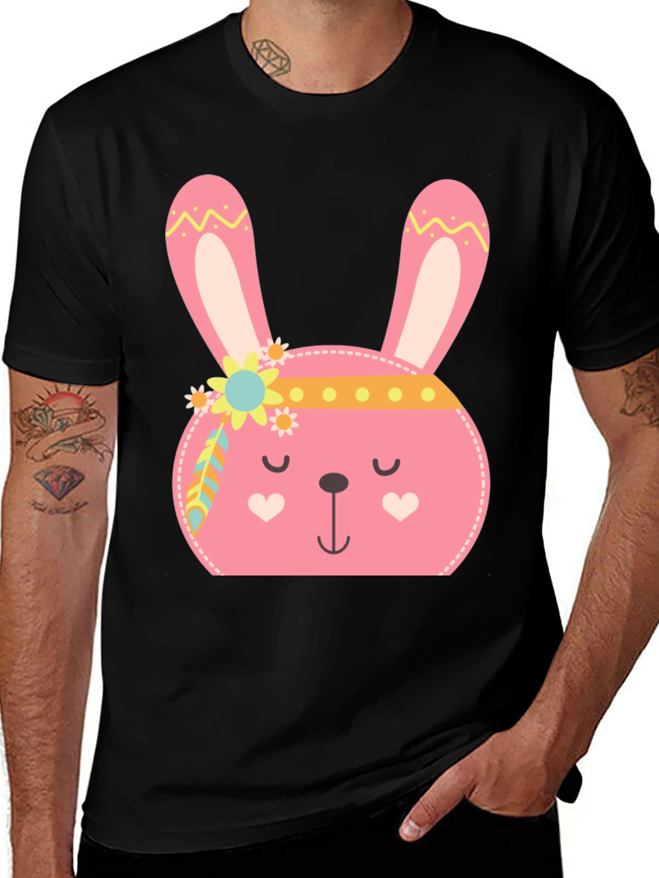 Variant 29 of Cute Bunny Graphic Tee - Black Cotton T-Shirt