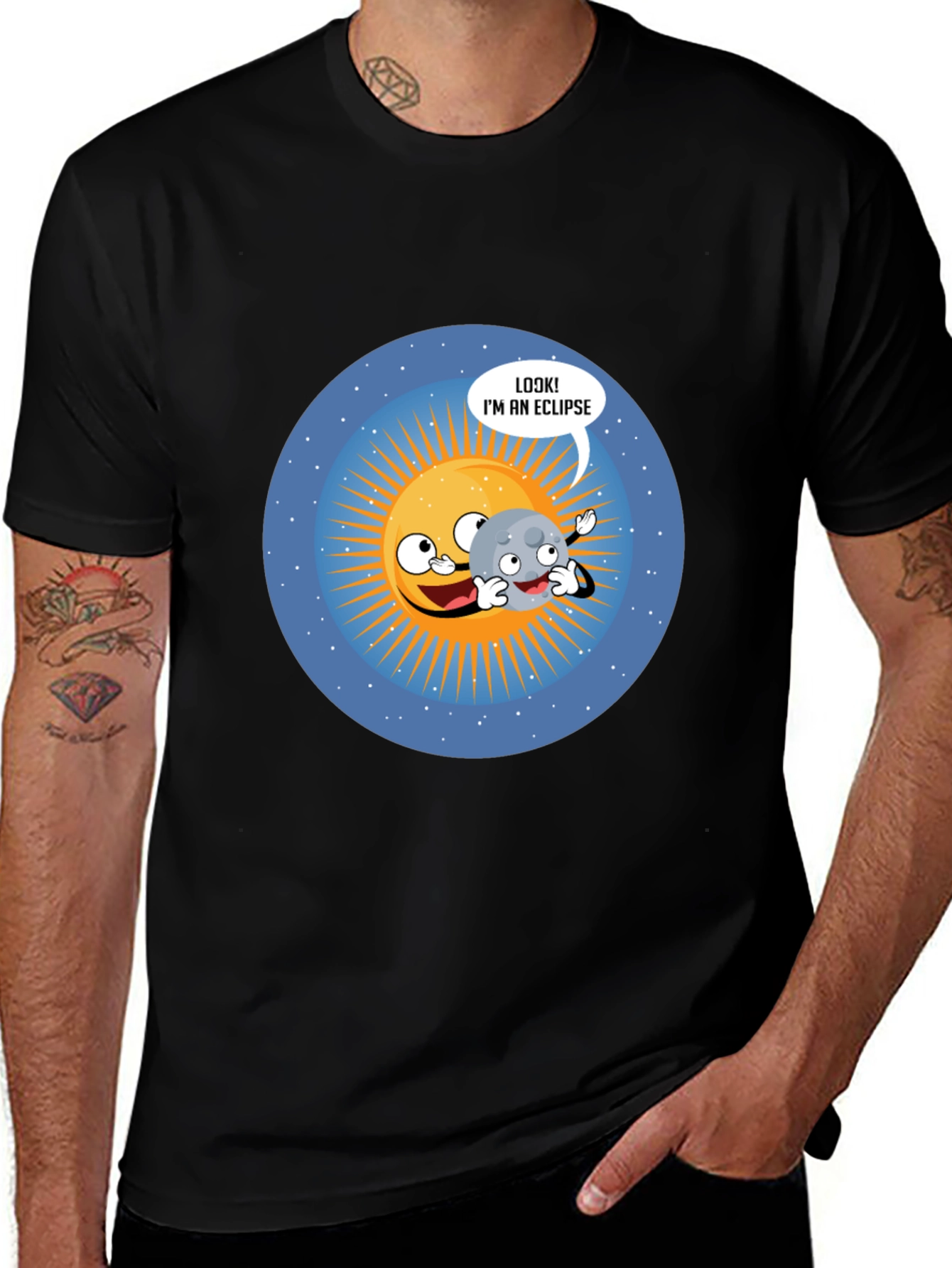 Variant 12 of Funny Eclipse Cartoon Graphic Black T-Shirt