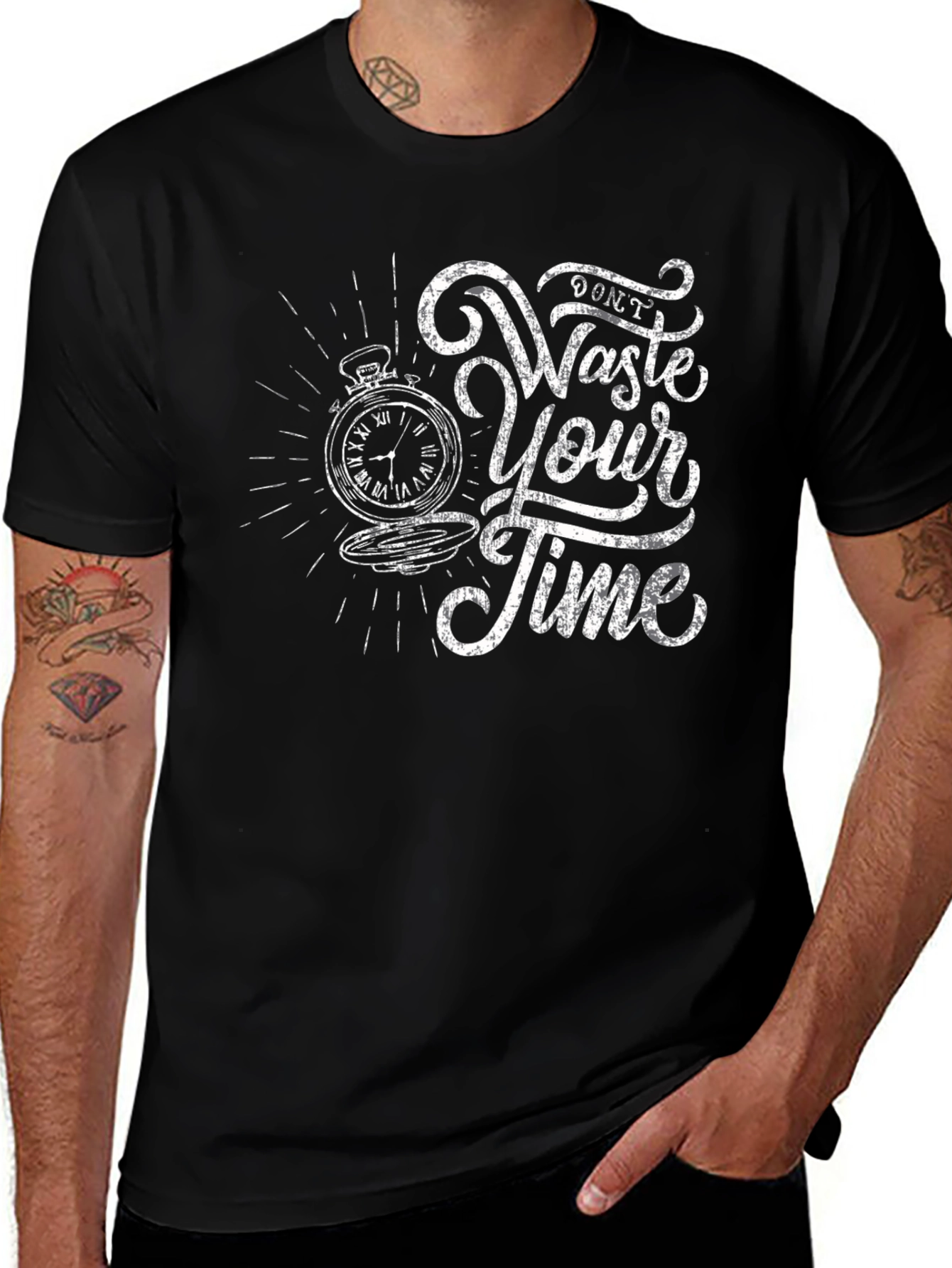 Variant 17 of Don't Waste Your Time Graphic Tee - Black Cotton T-Shirt