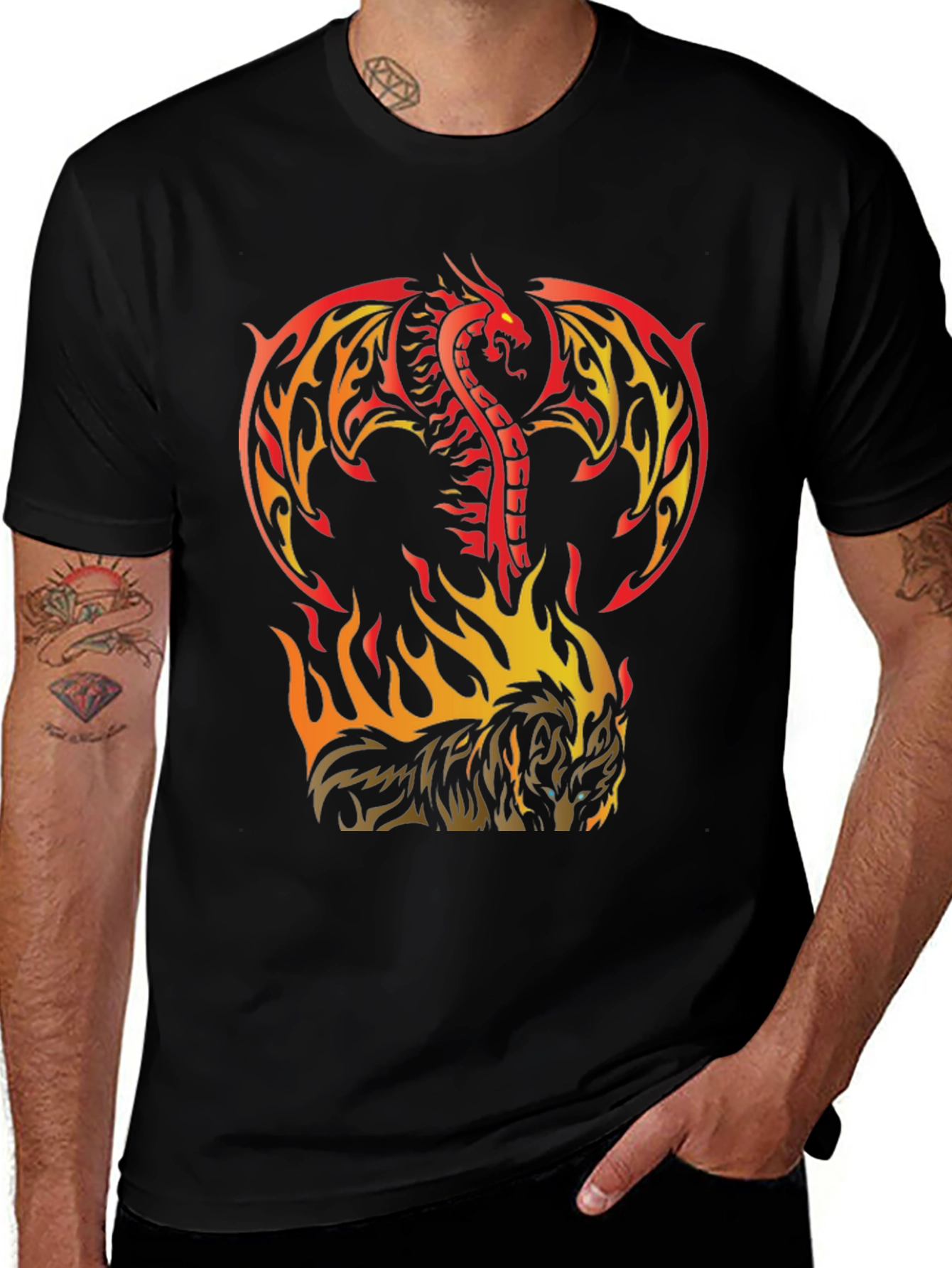 Variant 26 of Fiery Dragon & Wolf Graphic Black T-Shirt