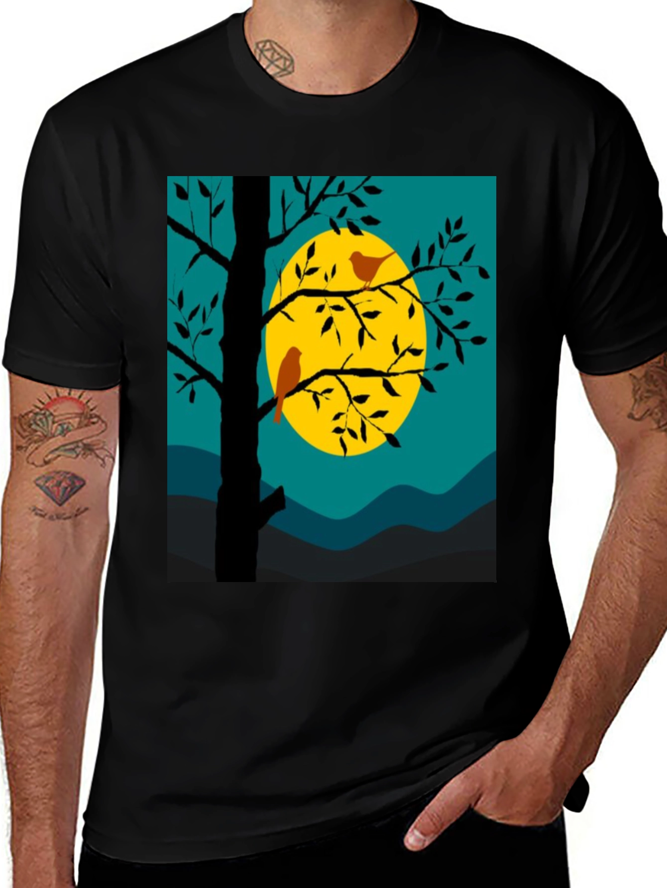 Variant 5 of Nature Scene Graphic Tee - Birds, Moon, and Tree