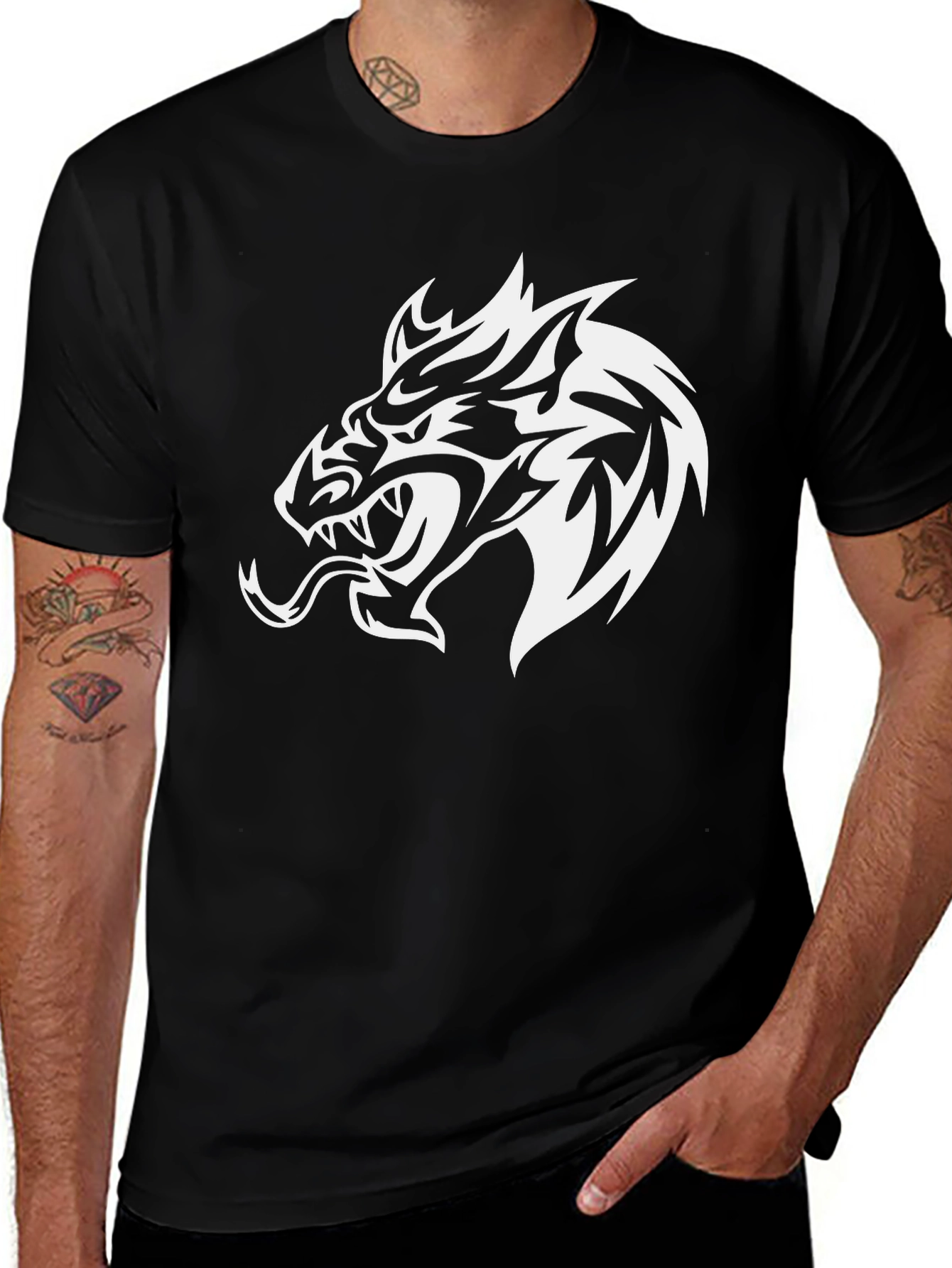 Variant 29 of Black T-Shirt with White Dragon Graphic