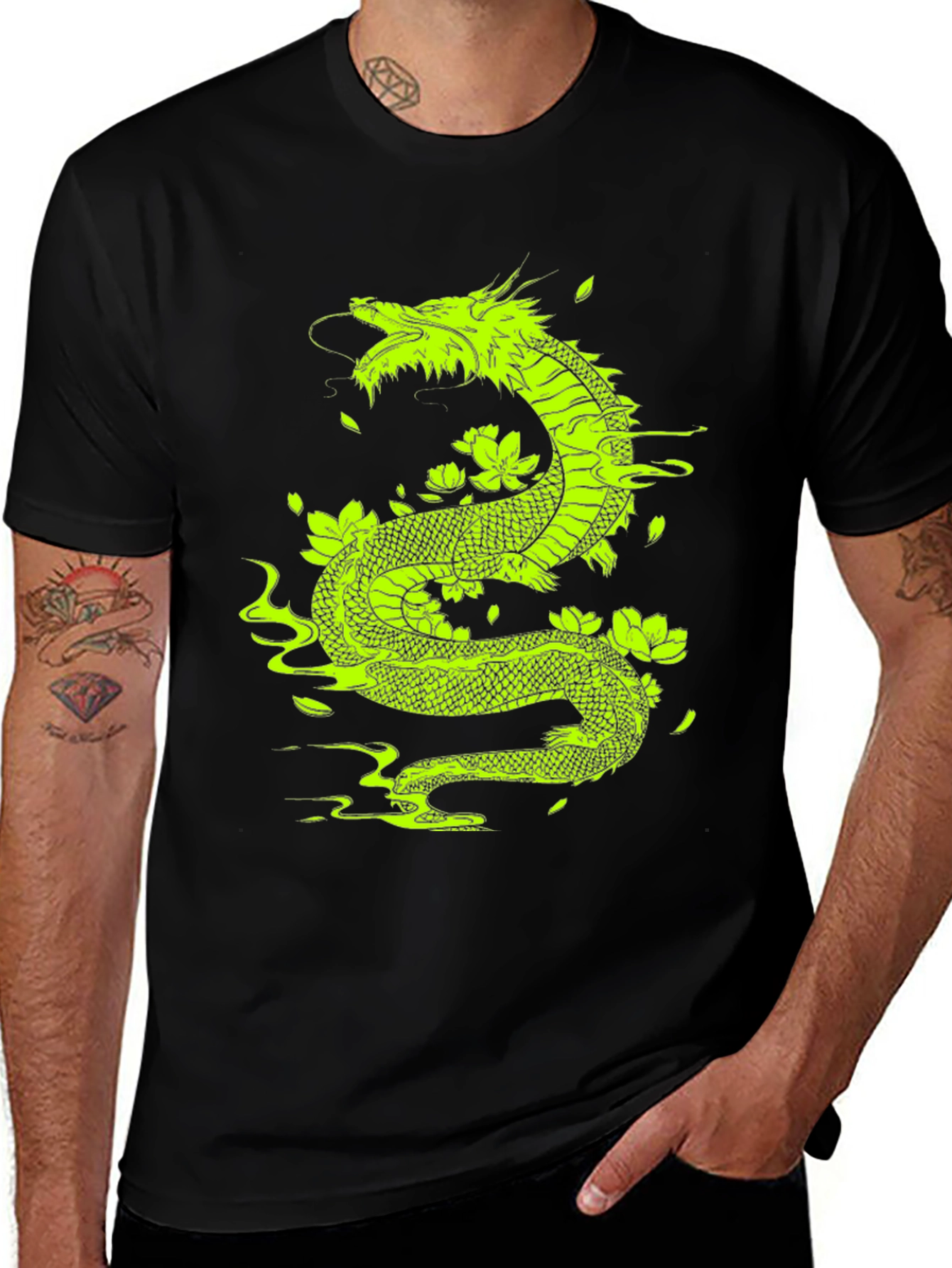 Variant 30 of Dragon & Lotus Graphic Tee - Bold Black T-Shirt
