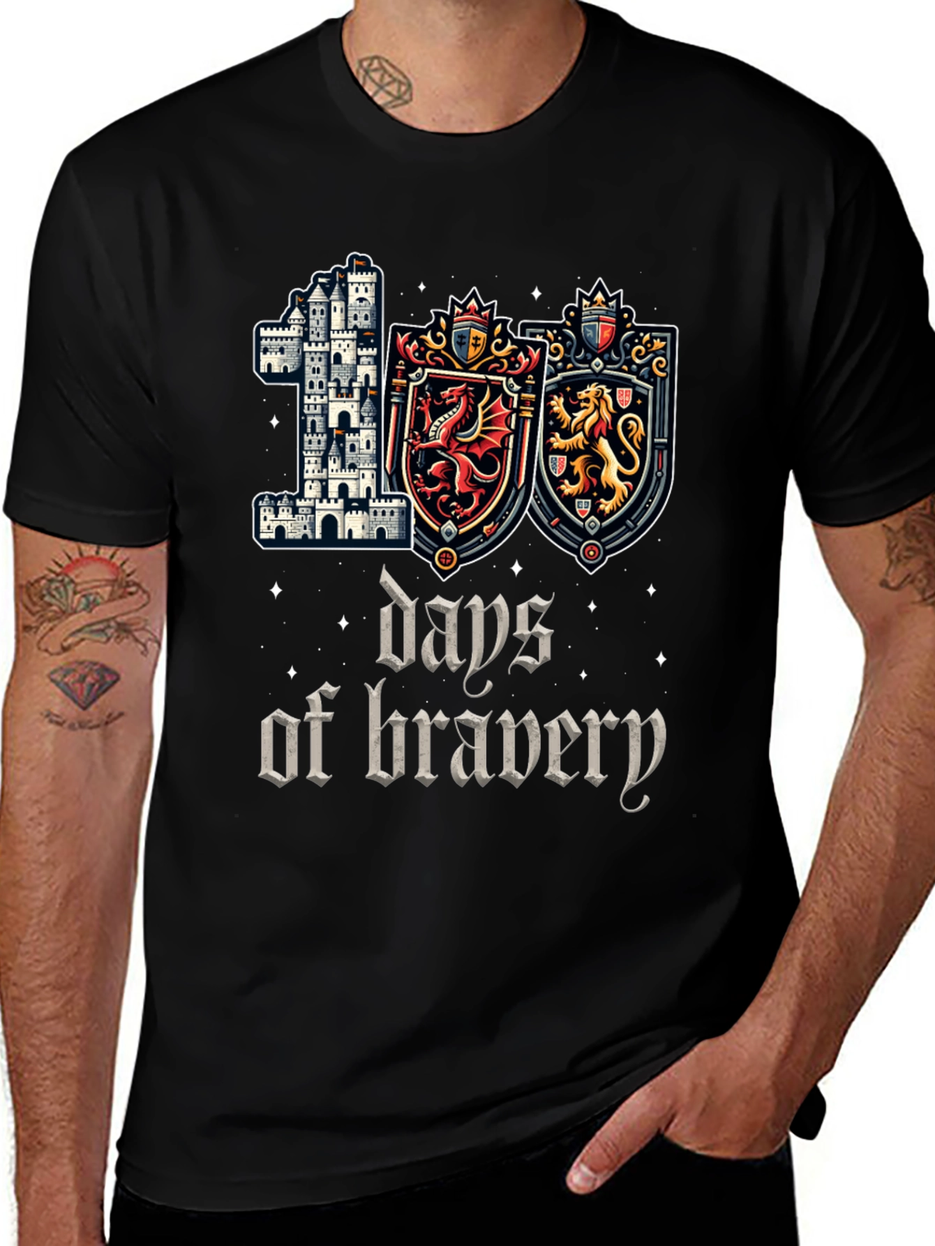Variant 29 of 100 Days of Bravery T-Shirt Medieval Castle Shield Dragon Lion