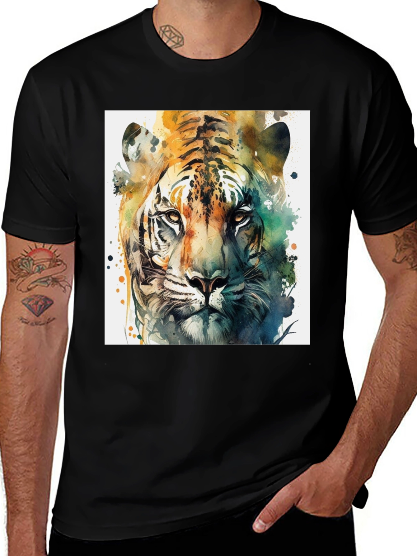 Variant 26 of Watercolor Tiger Graphic Black T-Shirt
