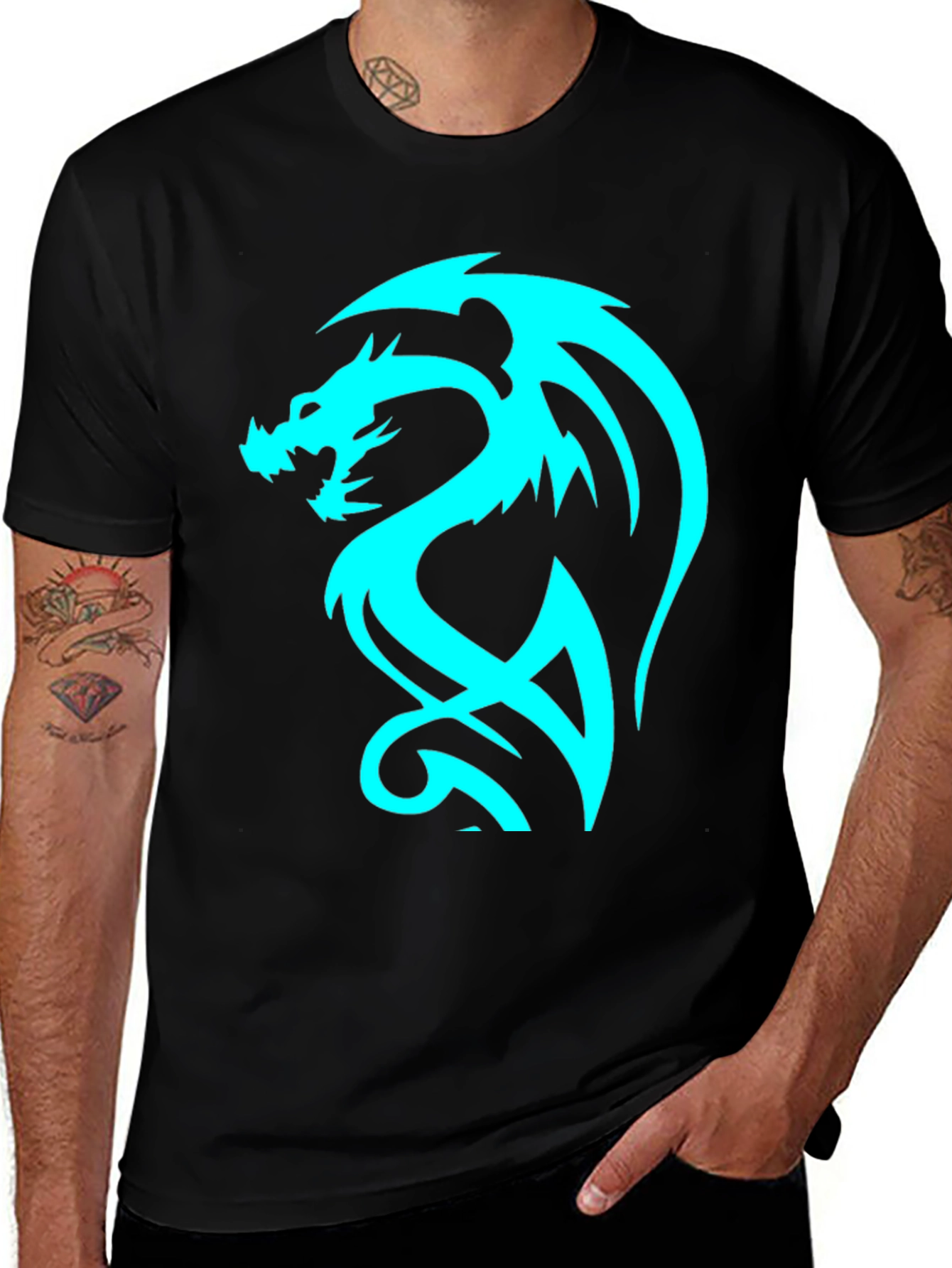 Variant 29 of Dragon Graphic Tee - Cool Blue Print on Black