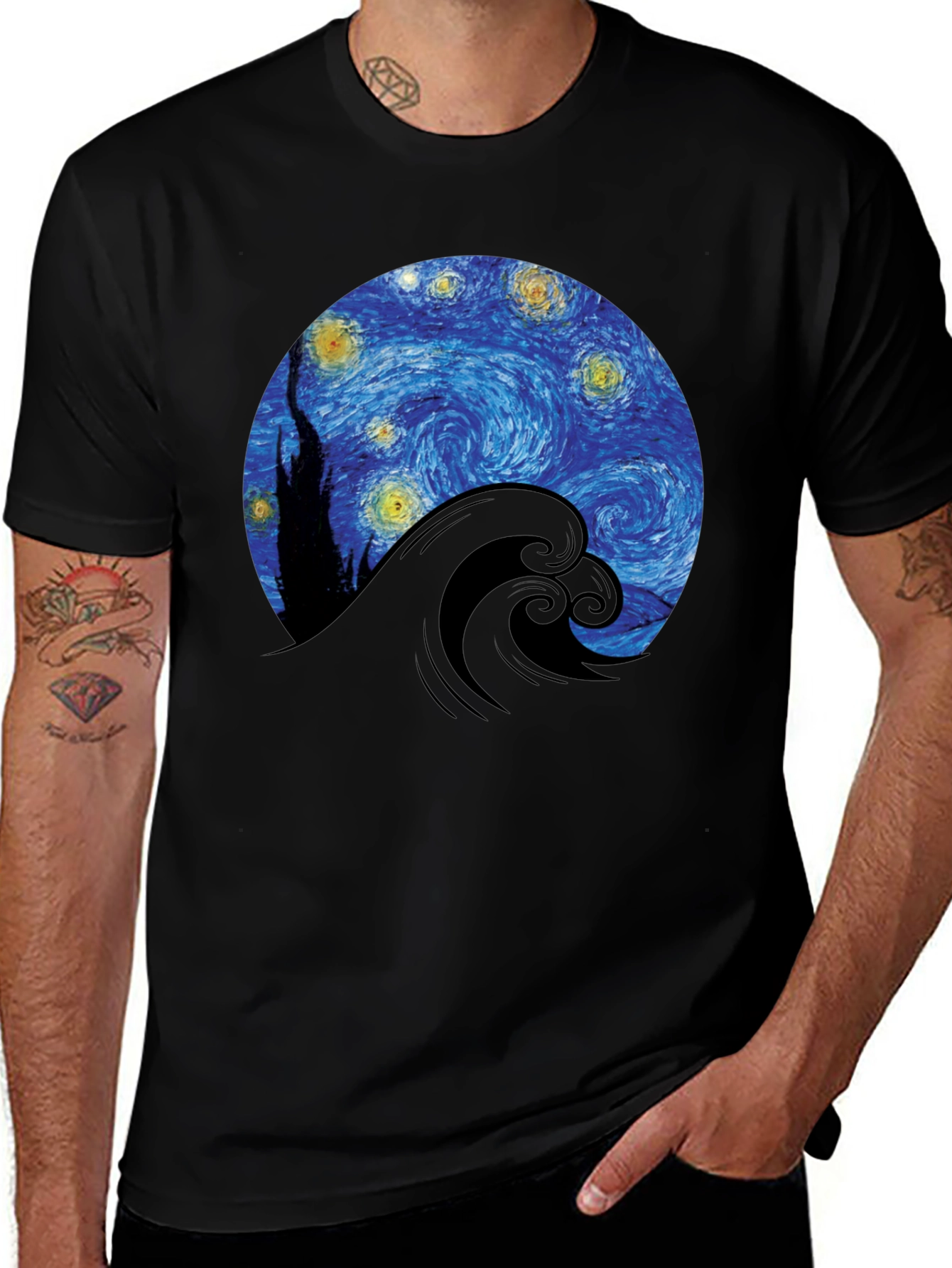 Variant 6 of Starry Night Wave Graphic Tee - Black