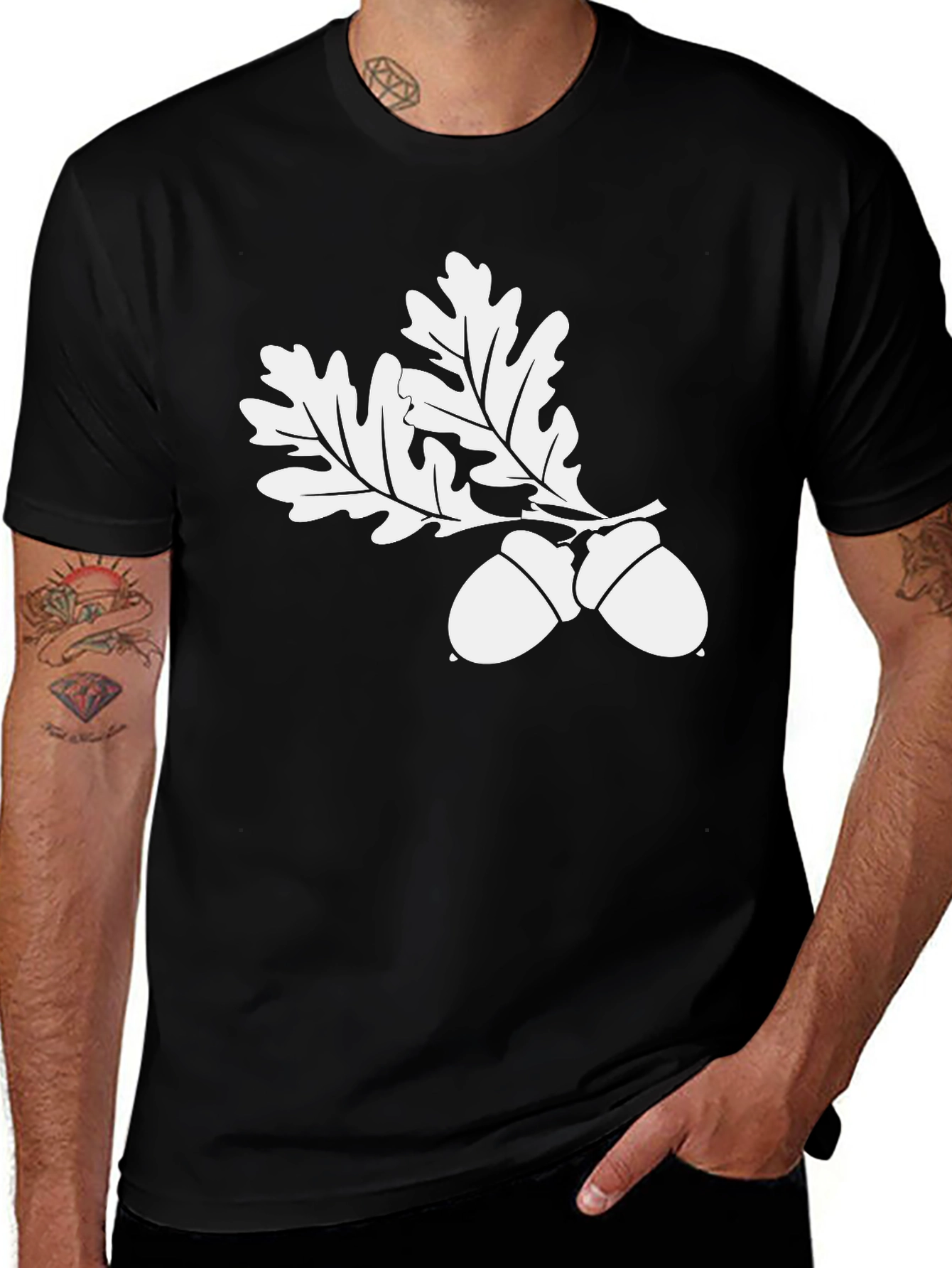 Variant 5 of Black T-Shirt with White Oak Leaf & Acorn Design
