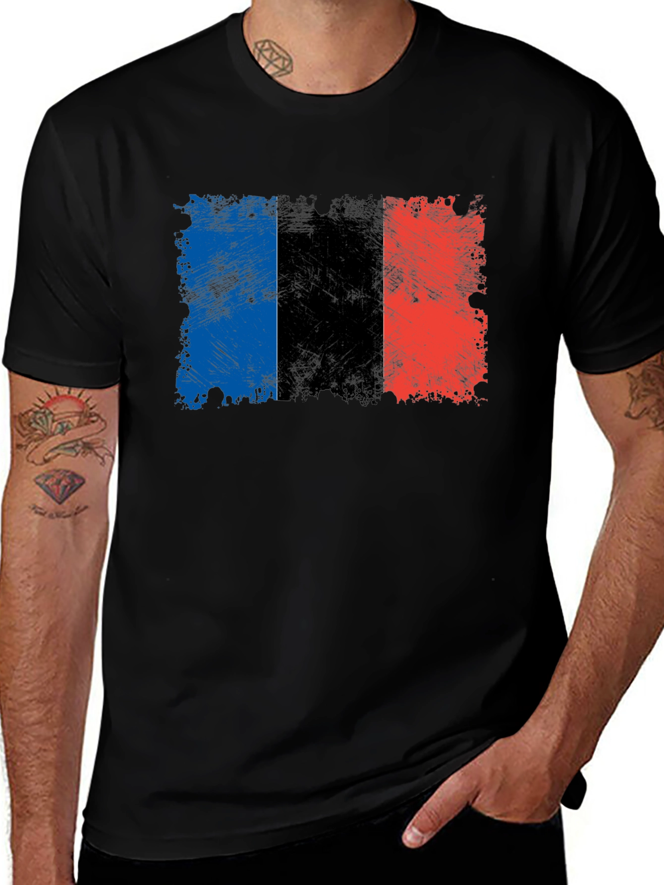 Variant 21 of Distressed French Flag Graphic Tee - Black Cotton T-Shirt