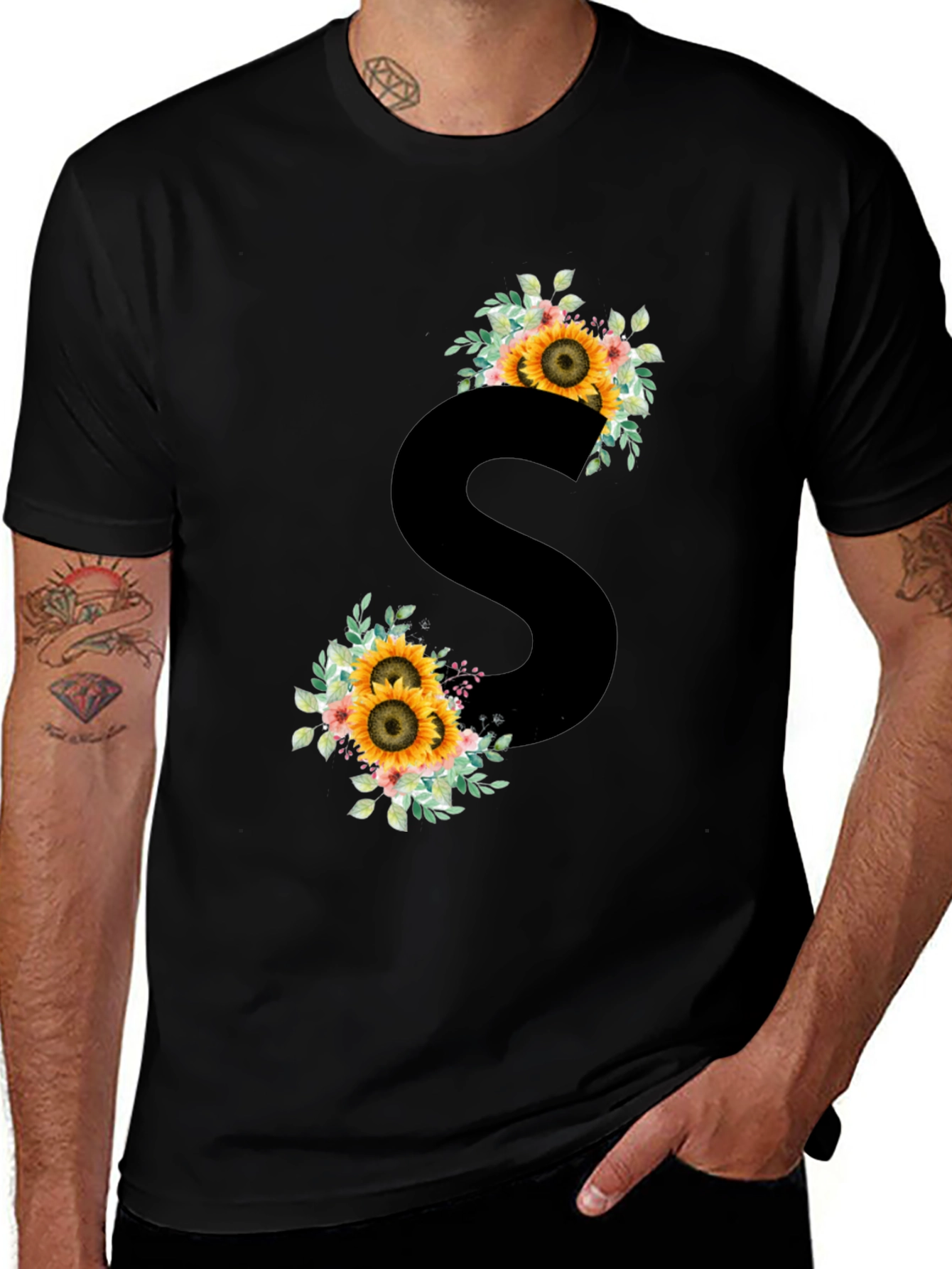 Floral Initial 'S' Black T-Shirt