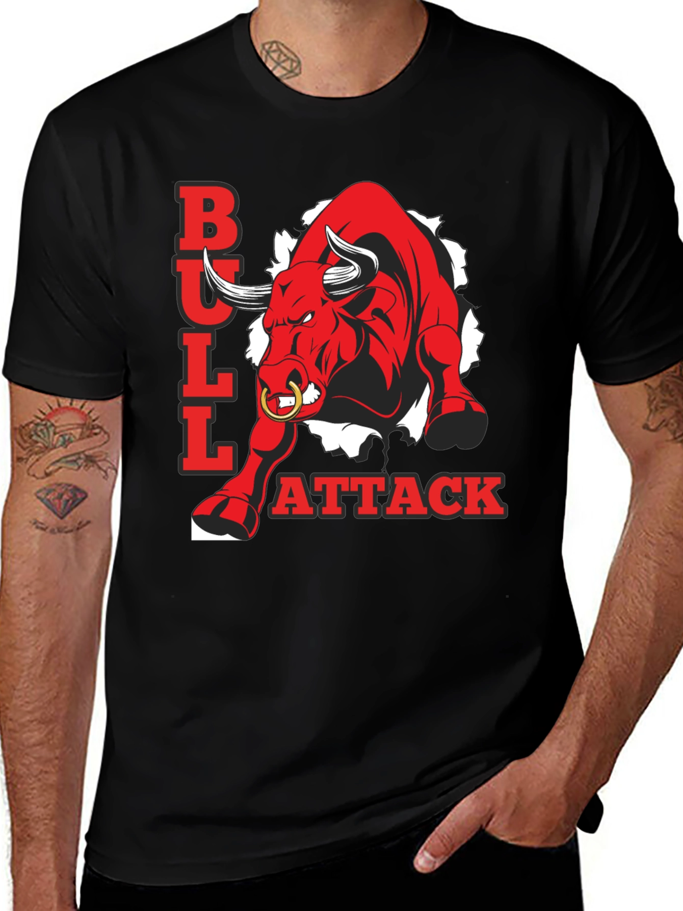 Variant 7 of Bull Attack Graphic Tee - Men's Black T-Shirt