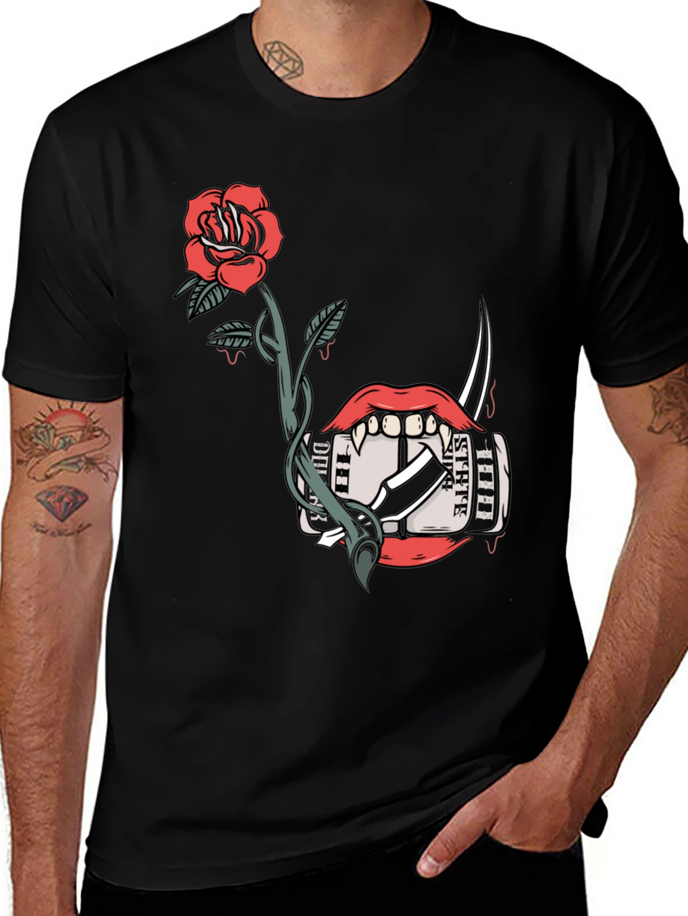 Variant 28 of Rose and Vampire Mouth Graphic Tee - Black