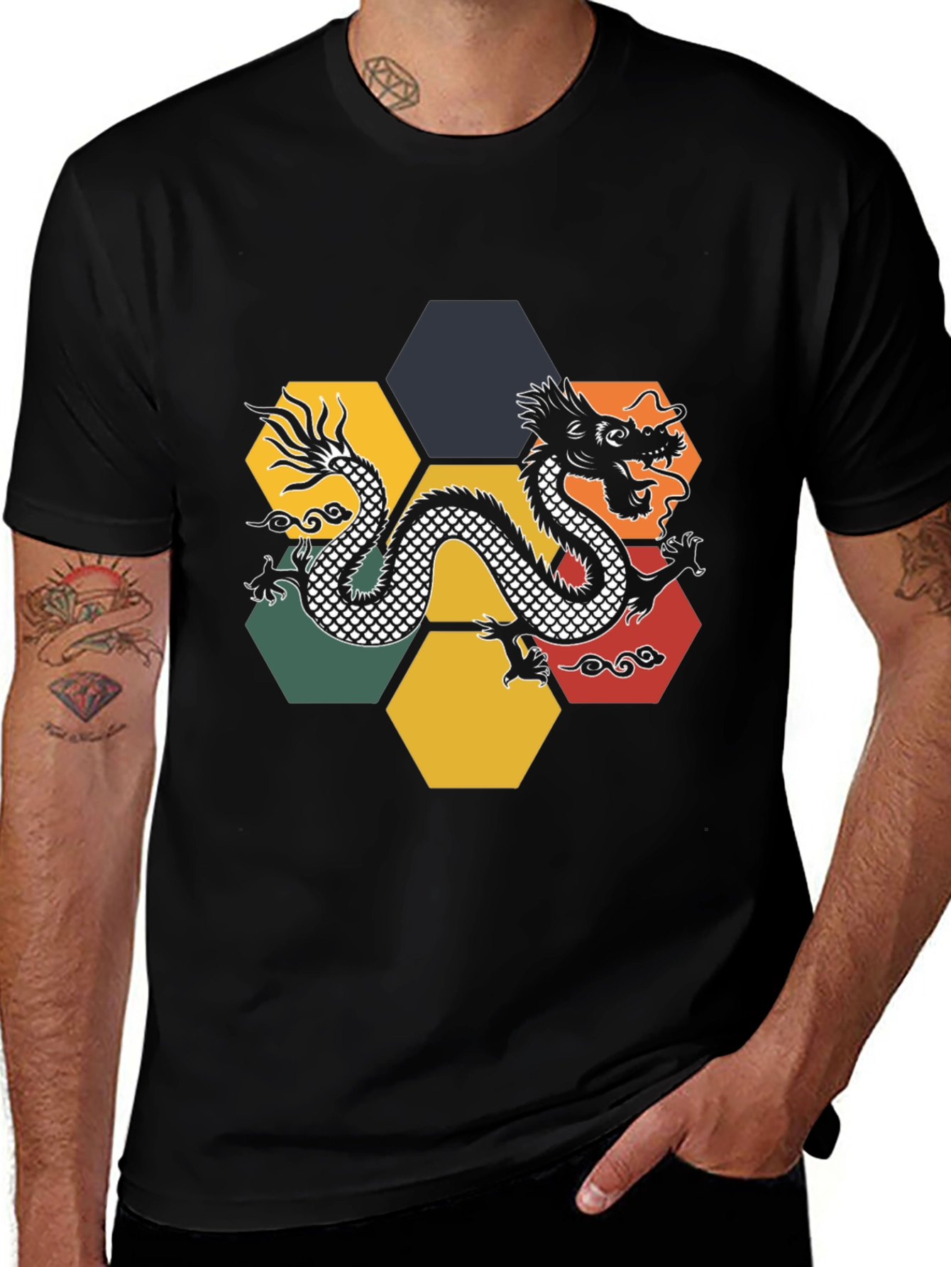 Variant 19 of Dragon Hexagon Graphic Tee - Black Cotton T-Shirt
