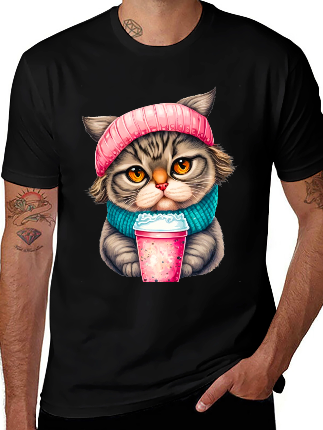 Variant 22 of Cat Lover T-Shirt: Cozy Kitten with Drink Design