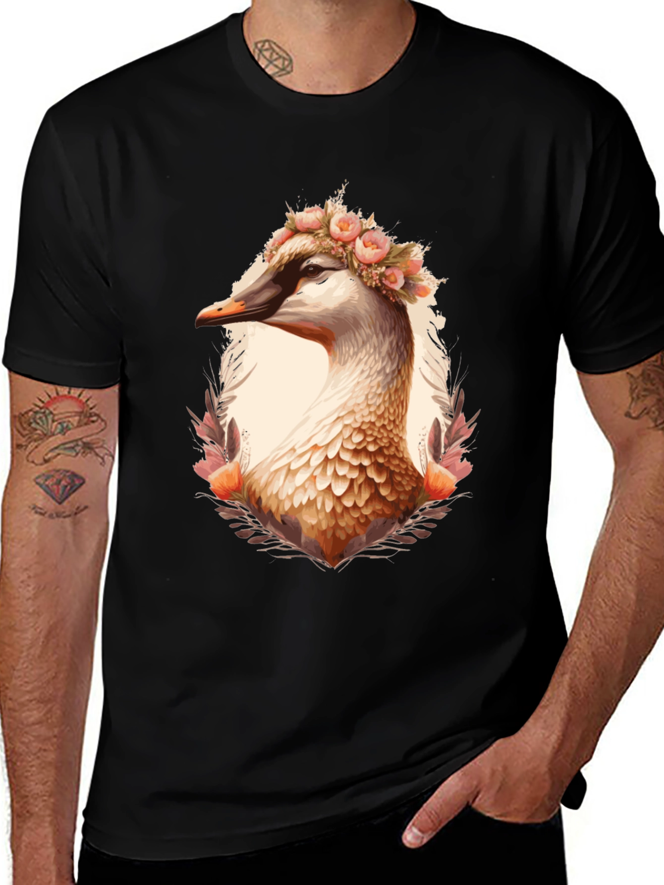 Variant 19 of Floral Goose Portrait Black T-Shirt