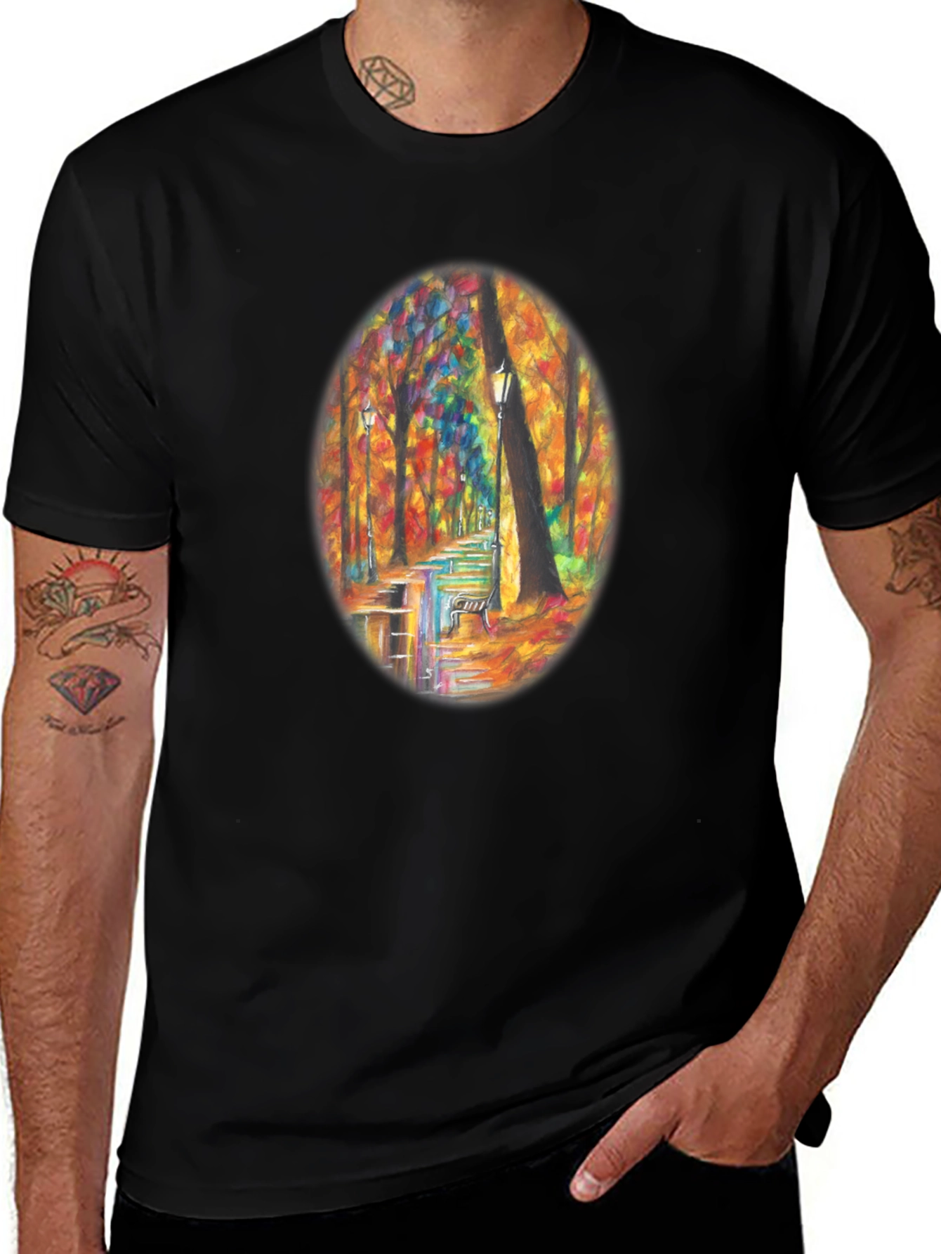Variant 2 of Autumn Park Path T-Shirt - Artistic Fall Landscape Tee