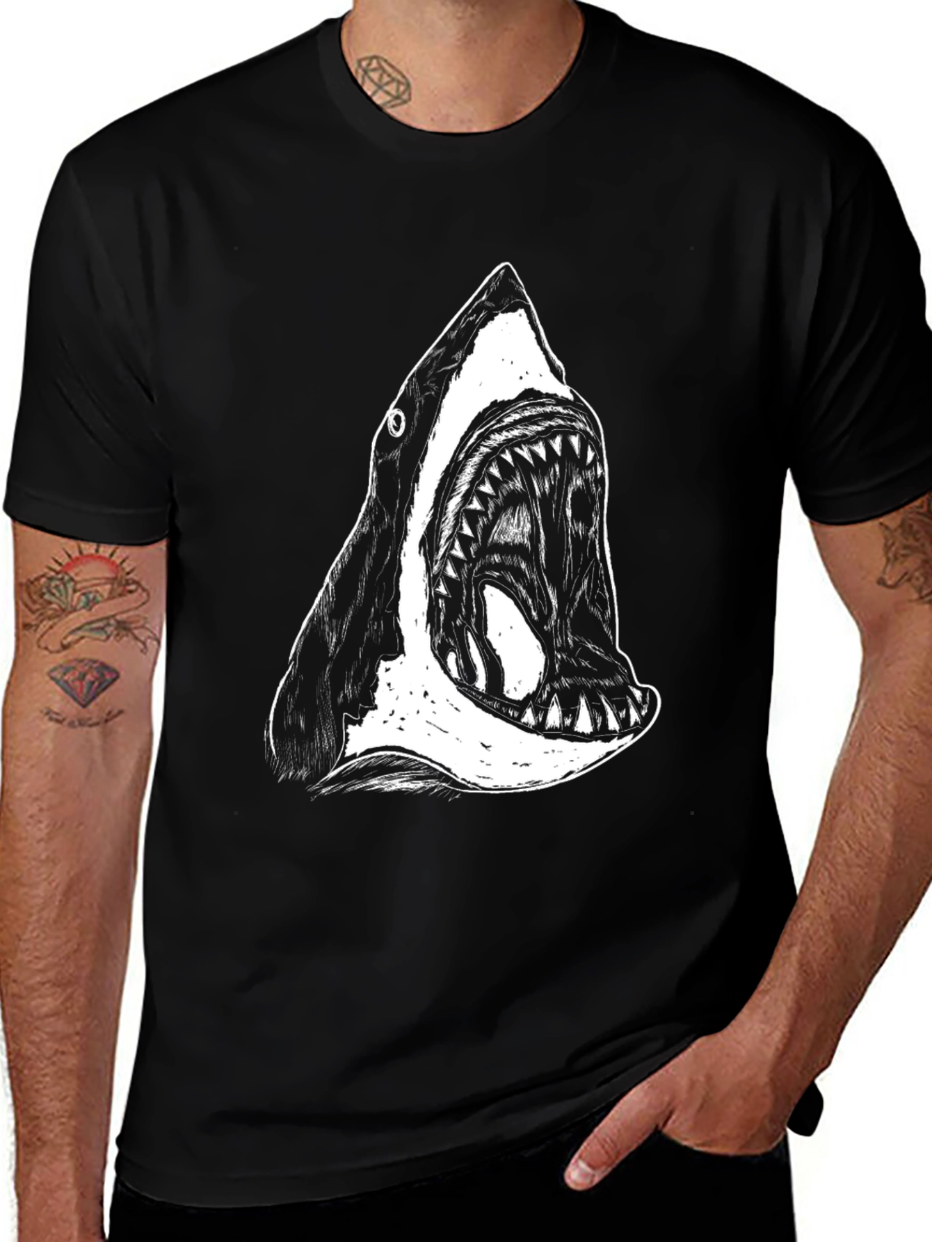 Variant 17 of Shark Attack Graphic Tee - Black Cotton T-Shirt