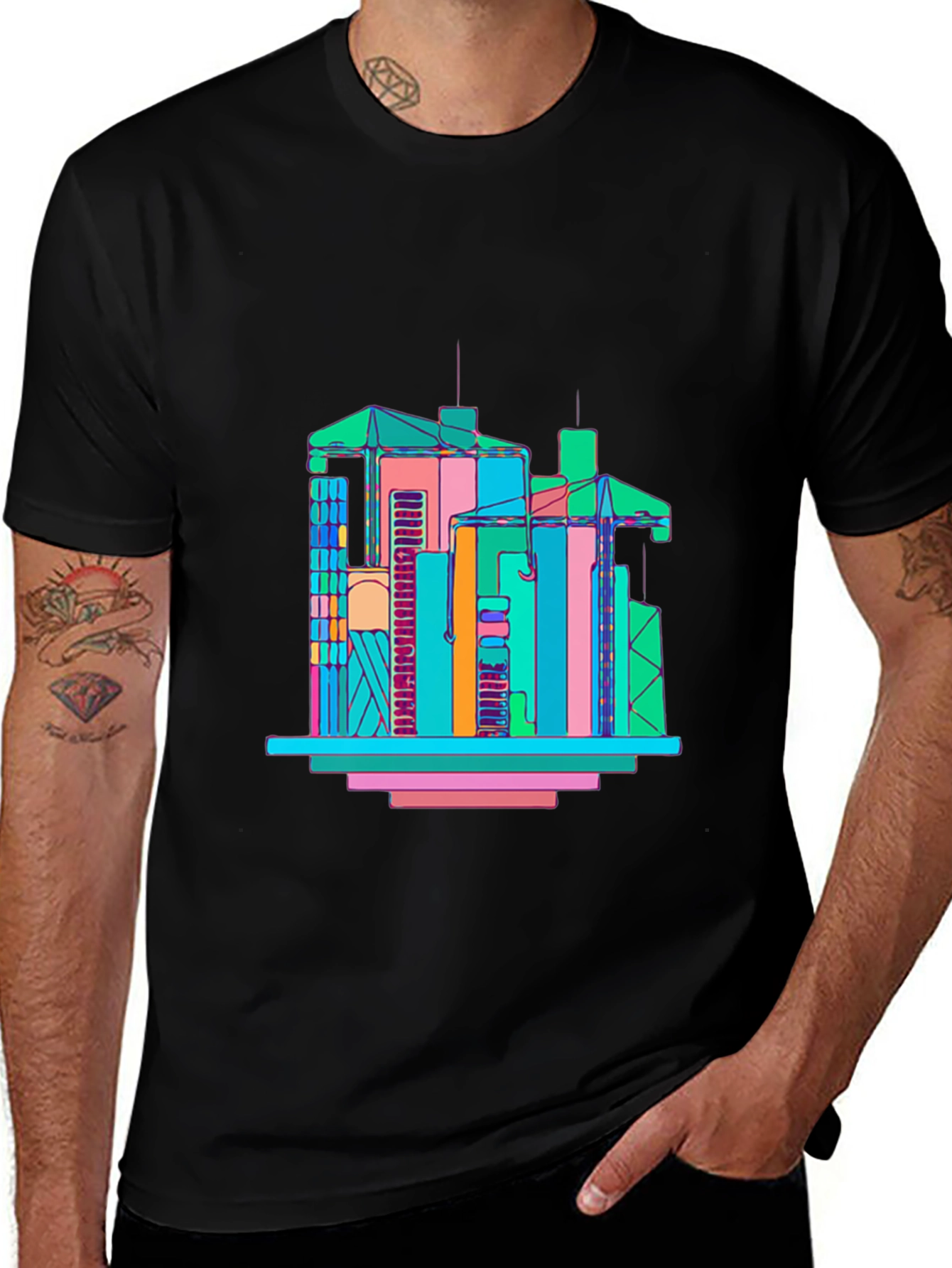 Variant 3 of Abstract Building Graphic T-Shirt - Men's Black Tee