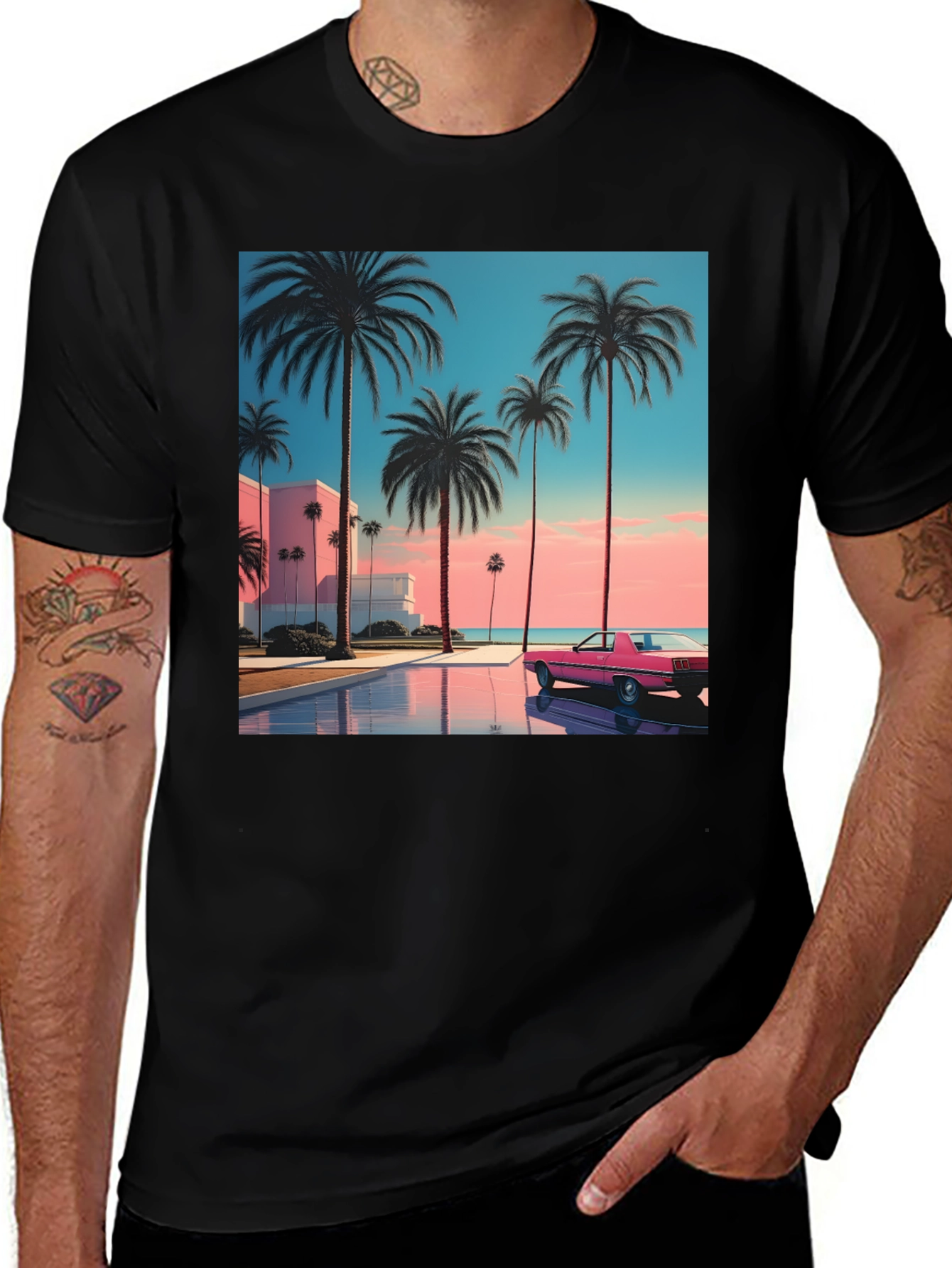 Variant 30 of Sunset Palm Tee - Retro Miami Vice Style
