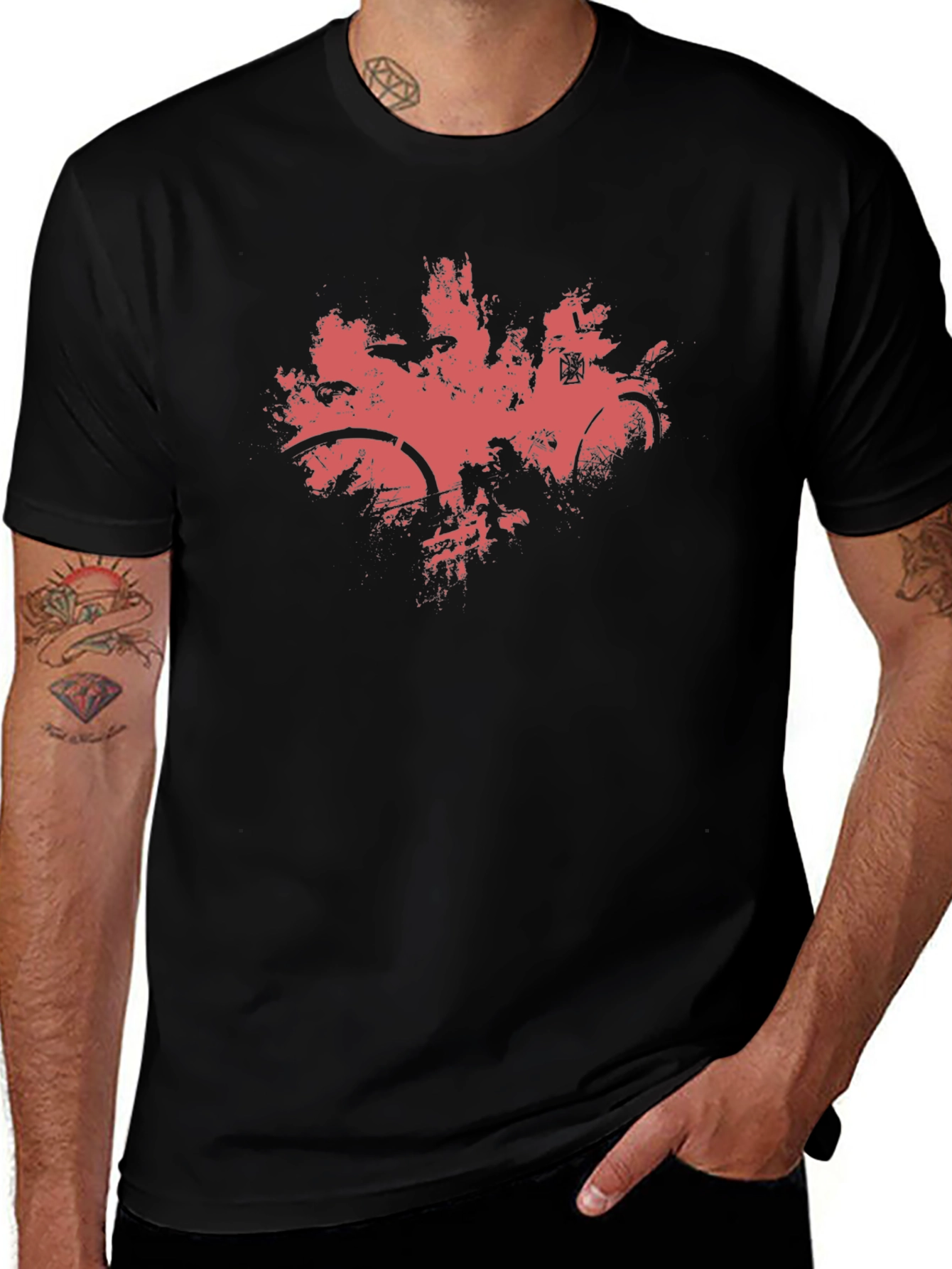 Variant 16 of Men's Black T-Shirt with Abstract Red Bike Print