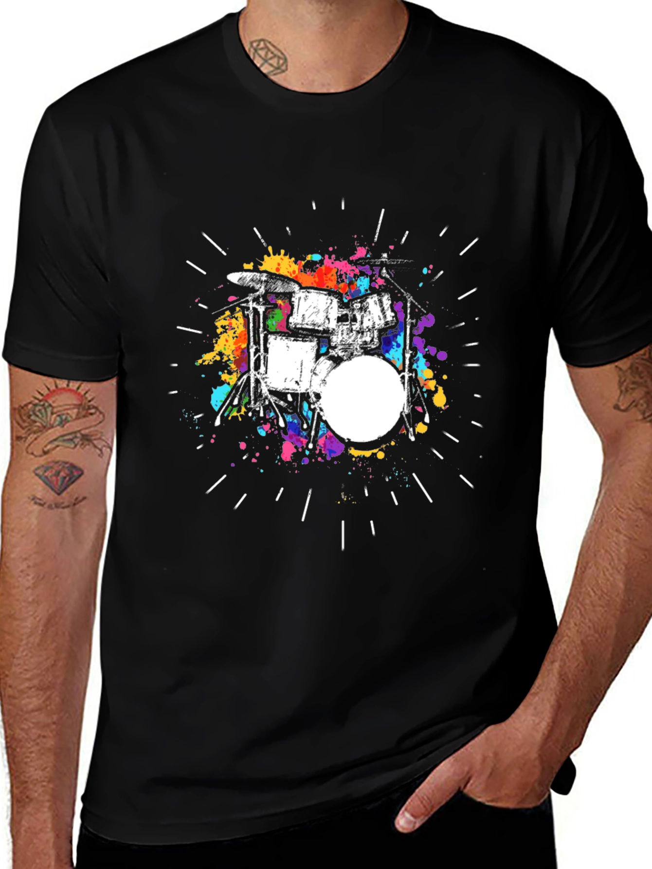 Variant 16 of Colorful Drum Set Graphic Print Black T-Shirt