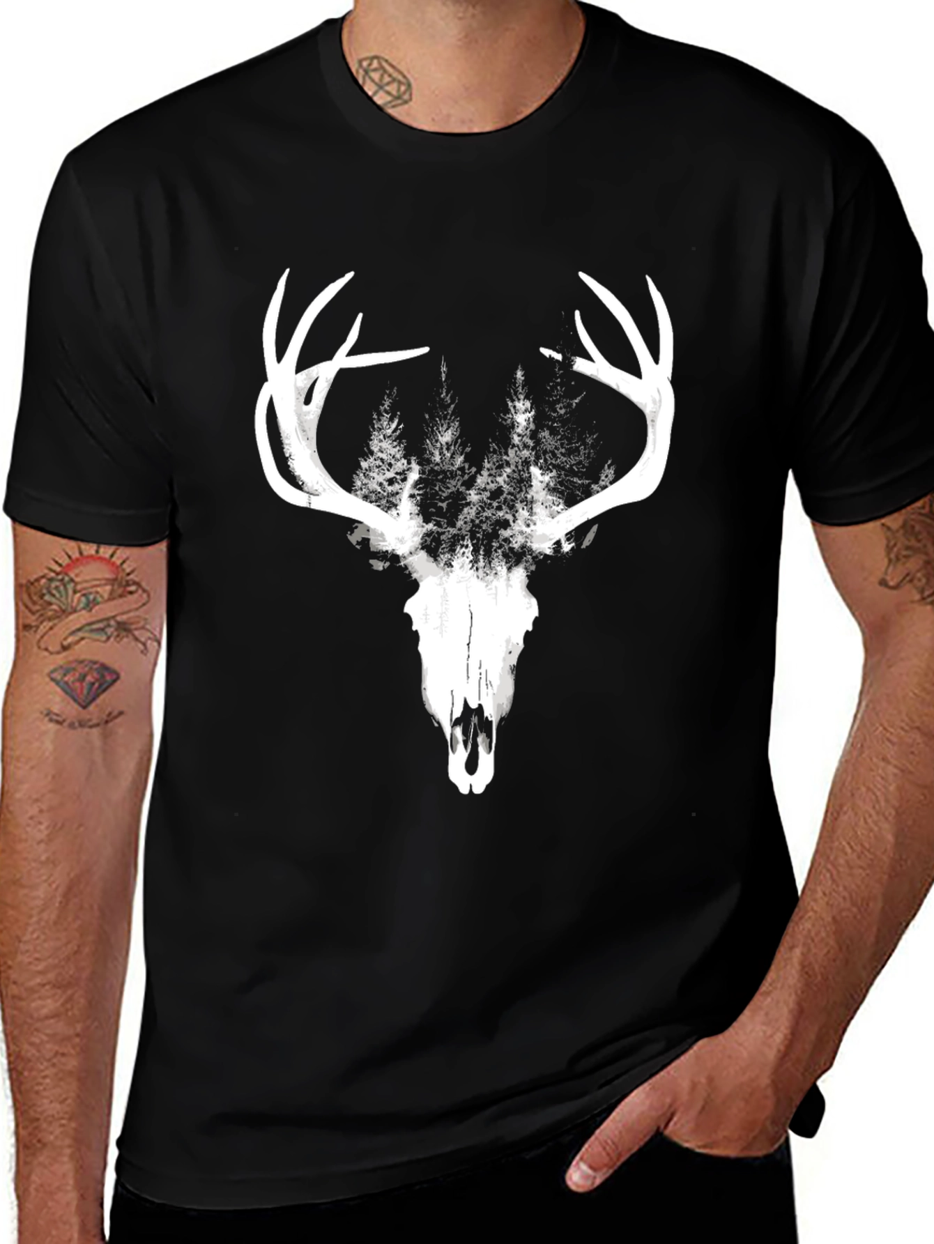 Variant 22 of Men's Black Deer Skull & Forest Graphic Tee