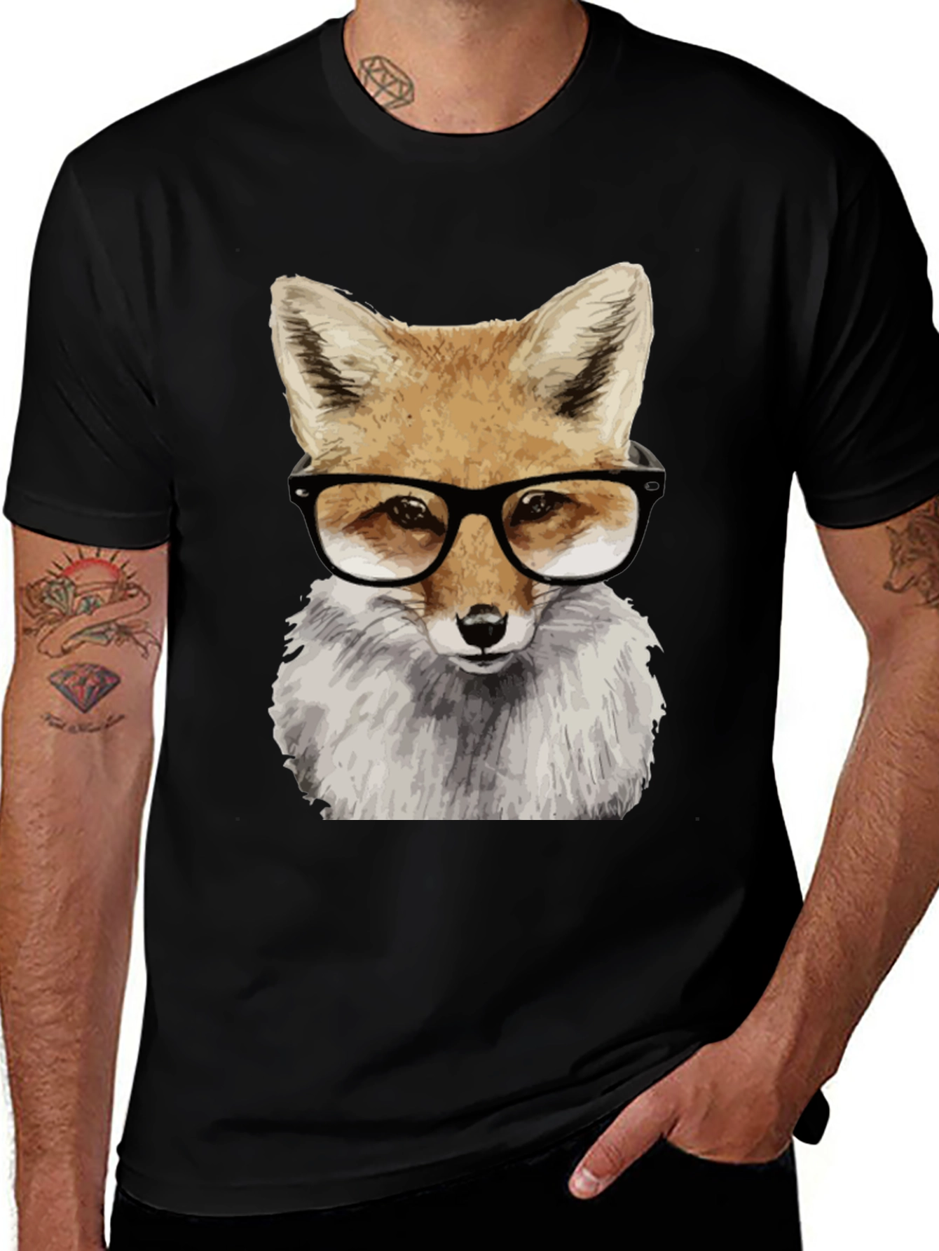 Variant 10 of Fox with Glasses Graphic Tee - Black Cotton T-Shirt