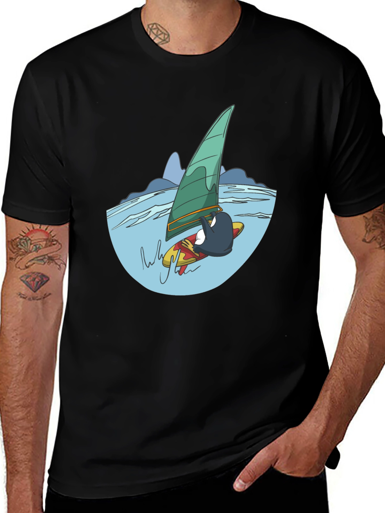 Variant 5 of Penguin Windsurfing Black T-Shirt