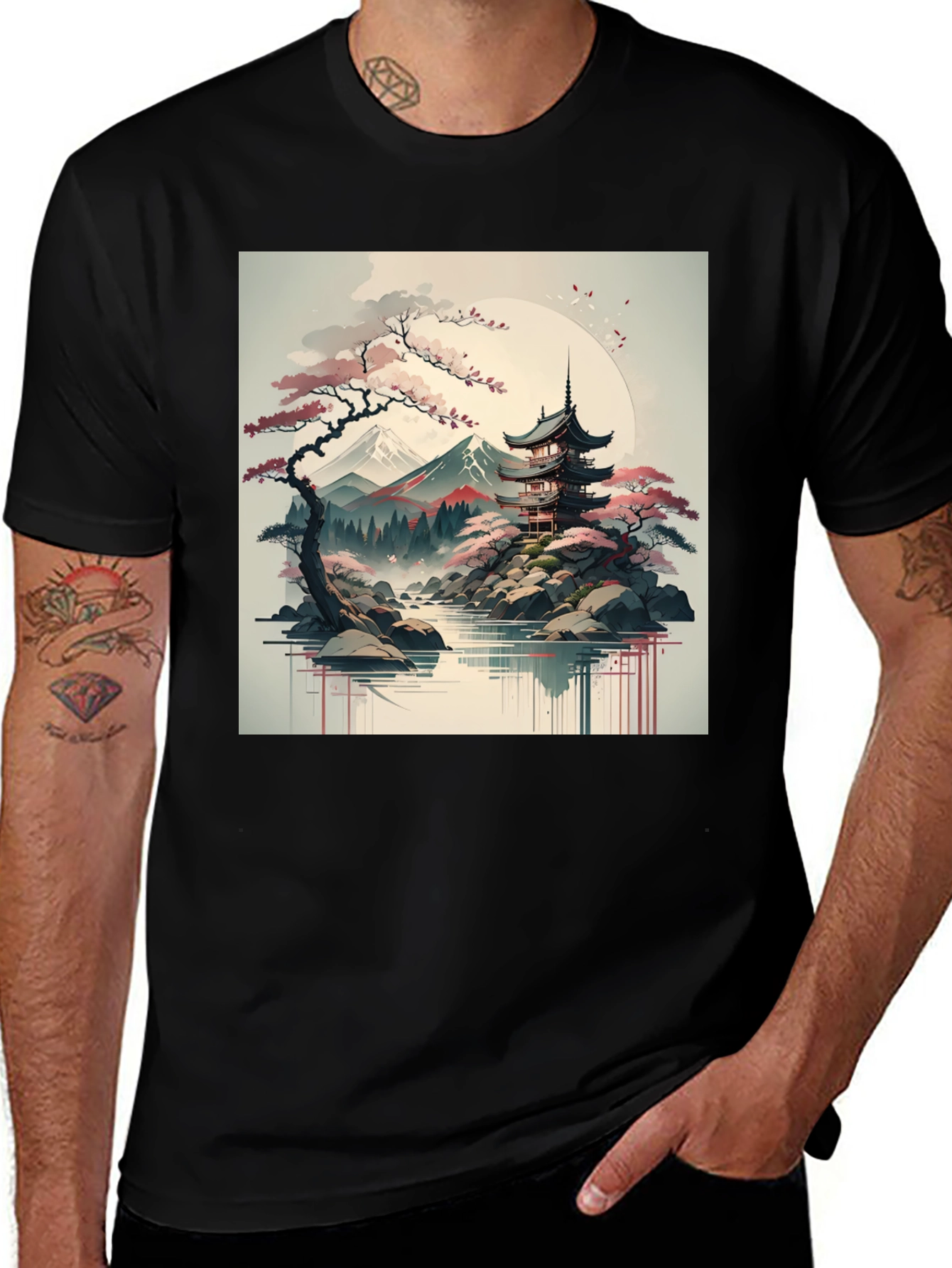 Variant 20 of Men's Black T-Shirt with Japanese Landscape Graphic
