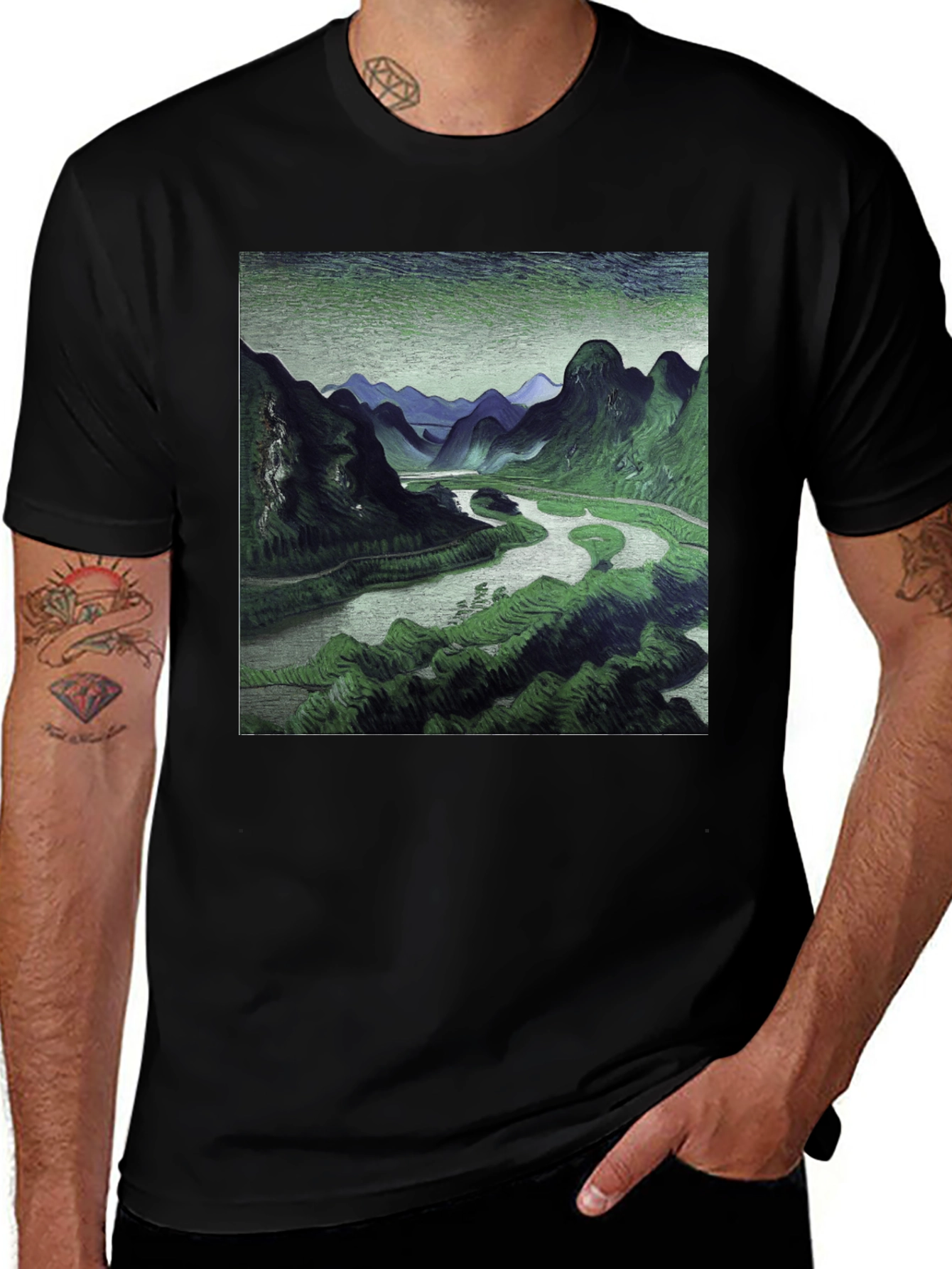 Variant 25 of Mountain River Graphic Black T-Shirt