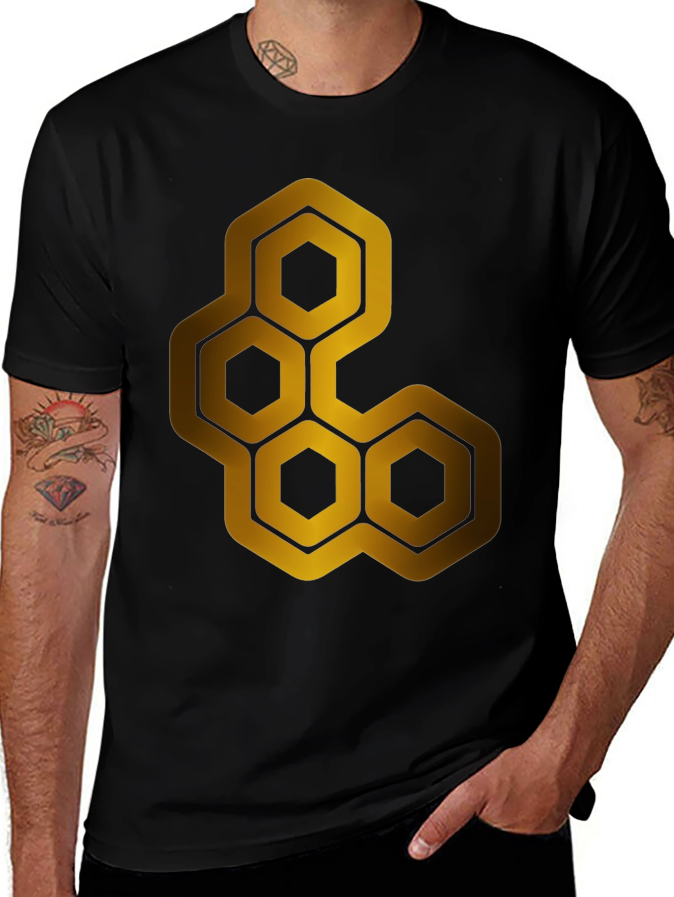 Geometric Hexagon Gold Graphic Print Black T-Shirt