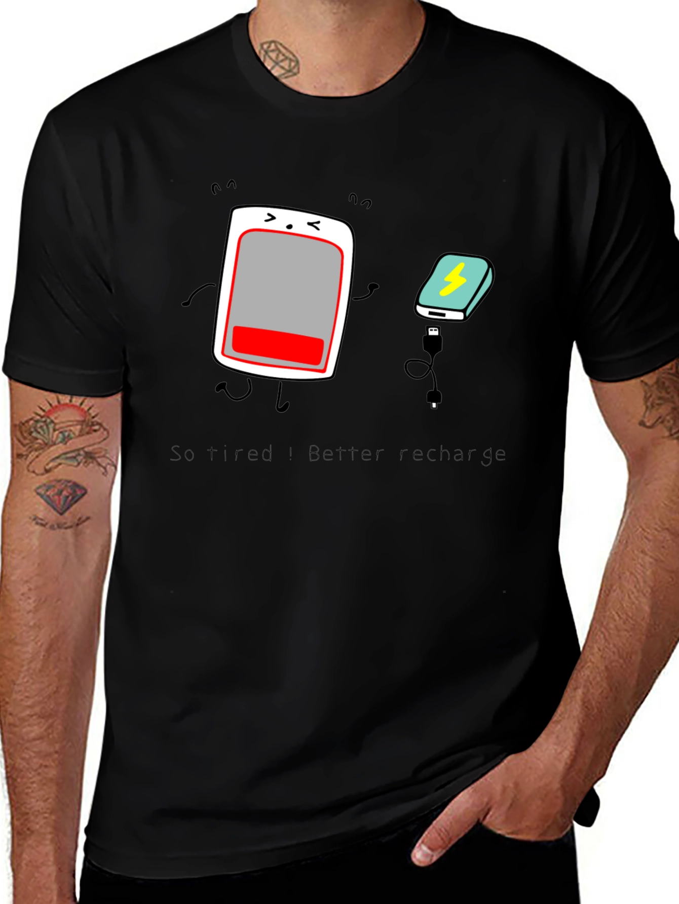 Funny Battery Recharge Graphic T-Shirt - Black