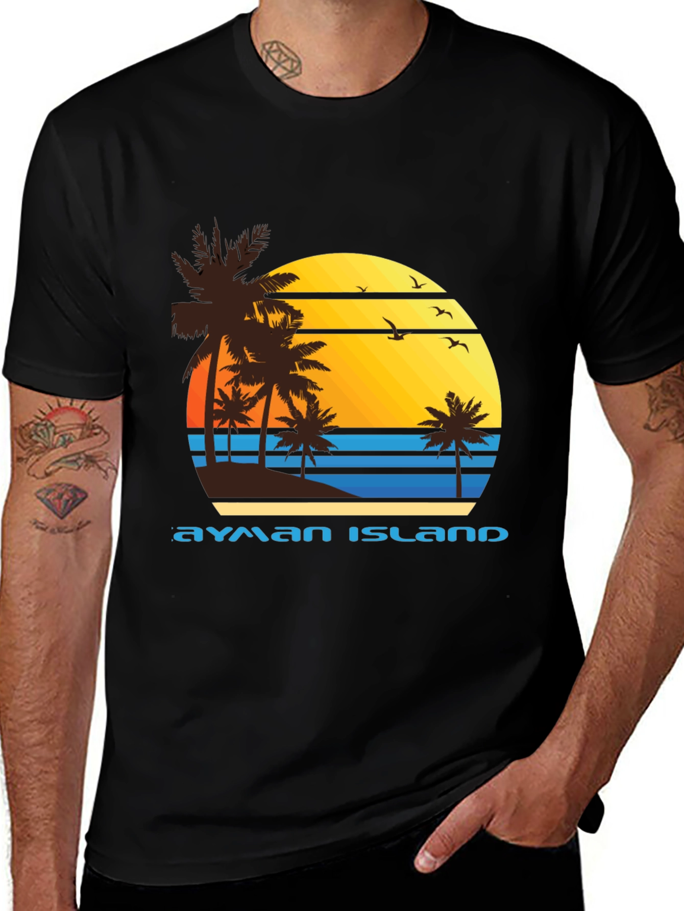 Variant 18 of Ayman Island Graphic Tee - Retro Sunset Palm Design